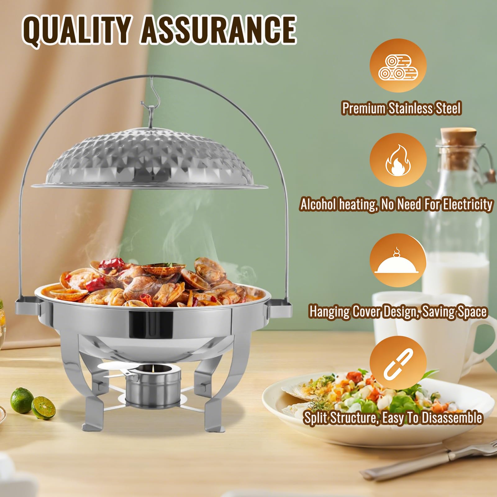 Set di scaldavivande da buffet, con coperchio sospeso, piano cottura da pranzo, scaldavivande rotondo in acciaio inox, scaldavivande da buffet, vassoio riscaldante da bancone, lavabile in