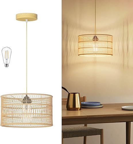 Lámpara colgante tejida a mano de ratán ajustable de mimbre de bambú, lámpara colgante con pantalla de cesta de tambor, 1 luz colgante tejida para