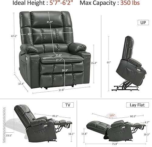 Miniatura 67 de MCombo Silla reclinable eléctrica de doble motor para personas mayores, silla elevadora plana con calor y masaje, portavasos, puertos USB, piel