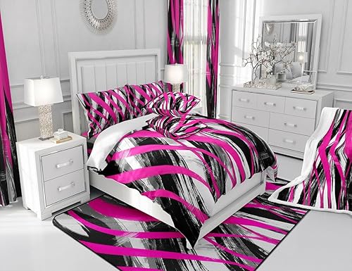 Miniatura 6 de Feelyou Alfombra de sala de estar, 5 x 7 pies, diseño geométrico de rayas color rosa intenso, para niños, alfombra moderna a rayas para interiores,