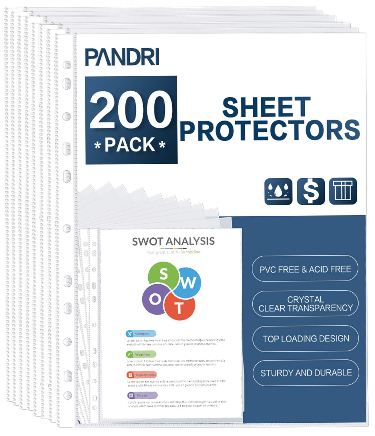 Sheet Protectors, PANDRI 200 Pack Clear Heavy Duty Plastic Page Protectors Sheet Reinforced 11-Hole Fit for 3 Ring Binder Fits Standard 8.5 x 11 Paper, 9.25 x 11.25 Top Loaded, Aci image 4