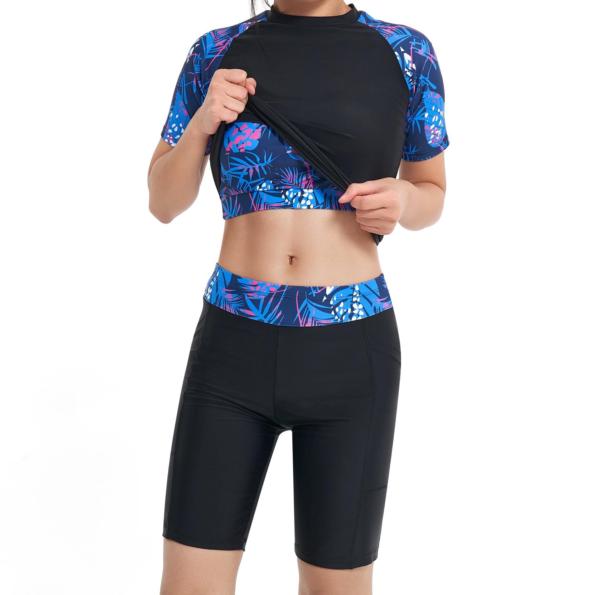 Owntop Maillot de bain 3 pièces Rashguard UPF50+ UV pour femme | Rashguard à manches courtes, haut de bikini et short taille haute | maillots de bain modestes | natation surf