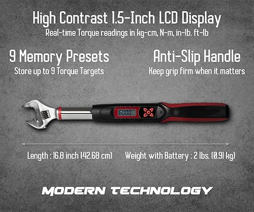 Miniatura 3 de Tapha Herramientas Llave dinamométrica digital ajustable de 2.21 a 44.24 ft-lbs (12-60 N-m) Rango de torque, mordaza ajustable de 0.197-1.063 in,