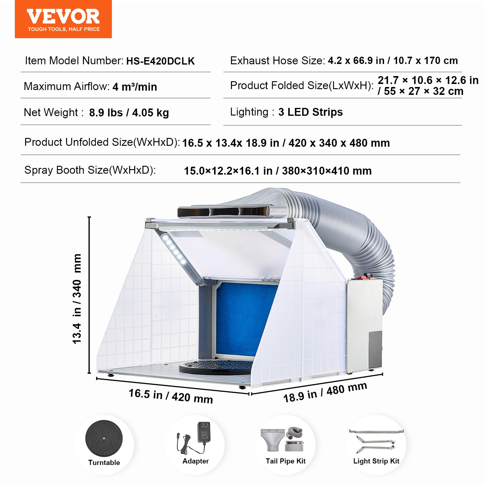 VEVOR Cabina di Verniciatura per Aerografo, Set cabina di verniciatura per aerografo 4 m³/min, Luci a LED, Ventola di scarico tubo di prolunga, per Dipingere modelli, Artigianato, Modellini di torte