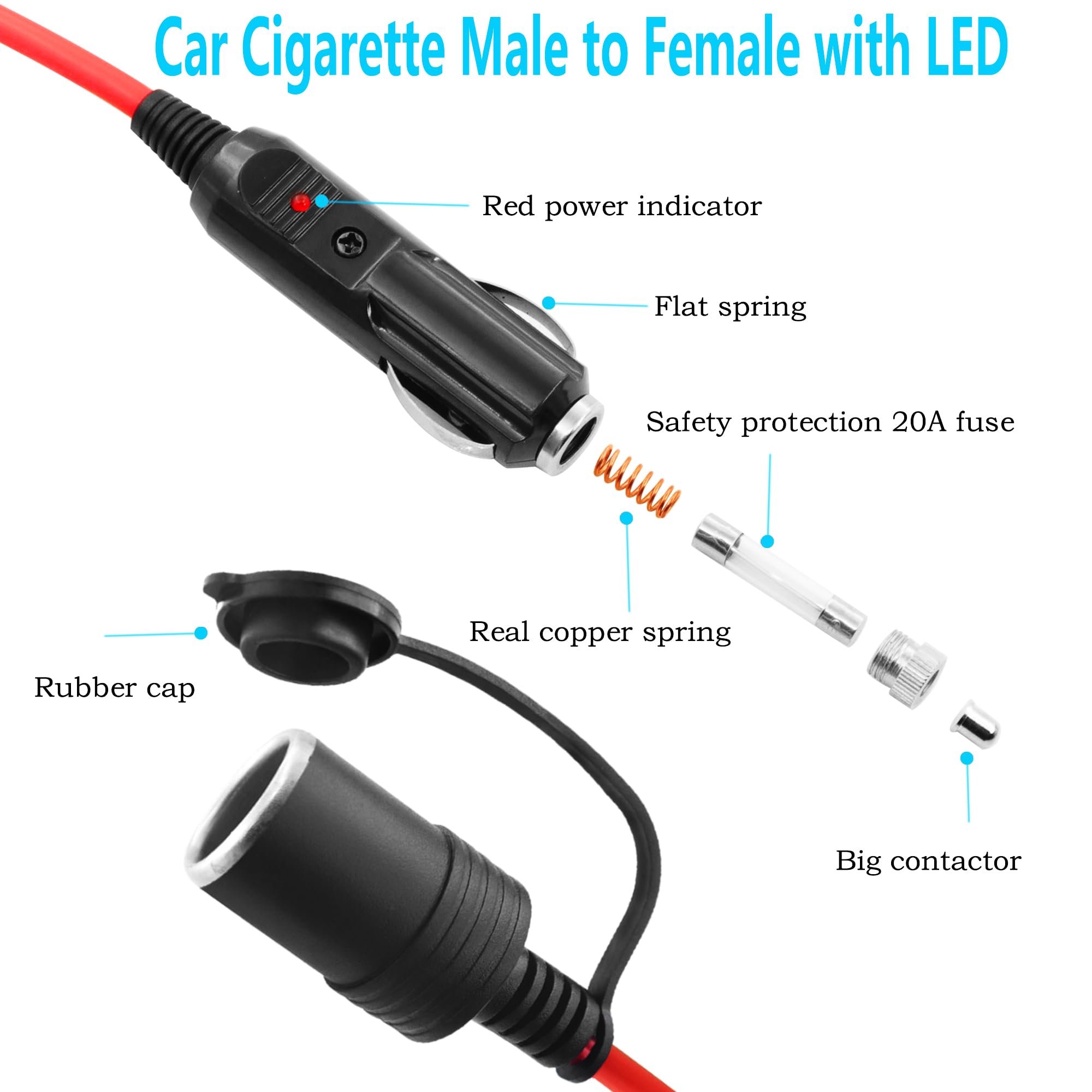 LANMINGLEL Cavo di prolunga per accendisigari auto, 14AWG, 12V / 24V, resistente, con luce LED e fusibile da 20A, per pompa per pneumatici, compressore d'aria (0,5M