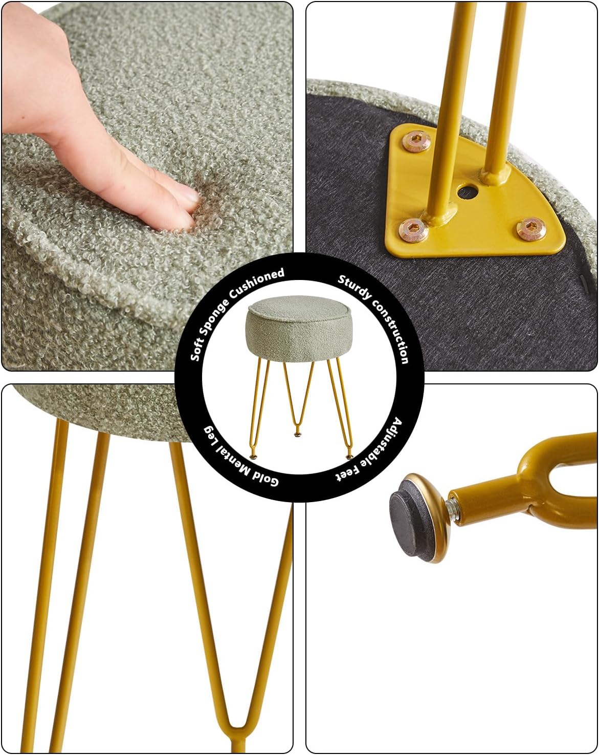 IBUYKE Teddy Velvet Round Footrest Stool Ottoman, Makeup Vanity Stool Side Table, Velvet Dressing Table Seat, Pouf Couch Stool, for Living Room Bedroom, Light Green WBD009D - Image 7