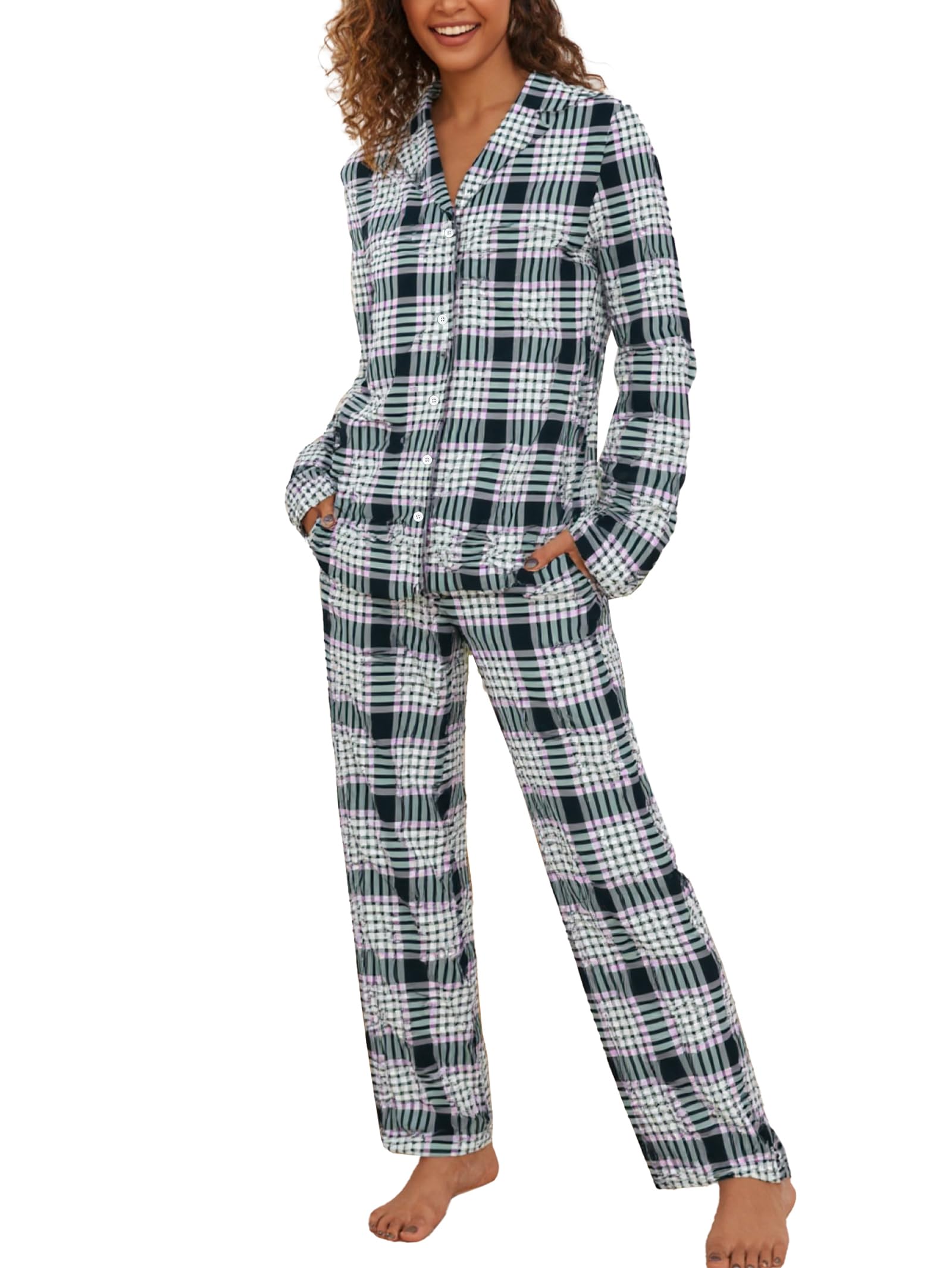 Famulily Frauen Langarm Pyjama Set Plaid Loungewear Sets Button Up Top und Wide Leg Hosen S-XXL