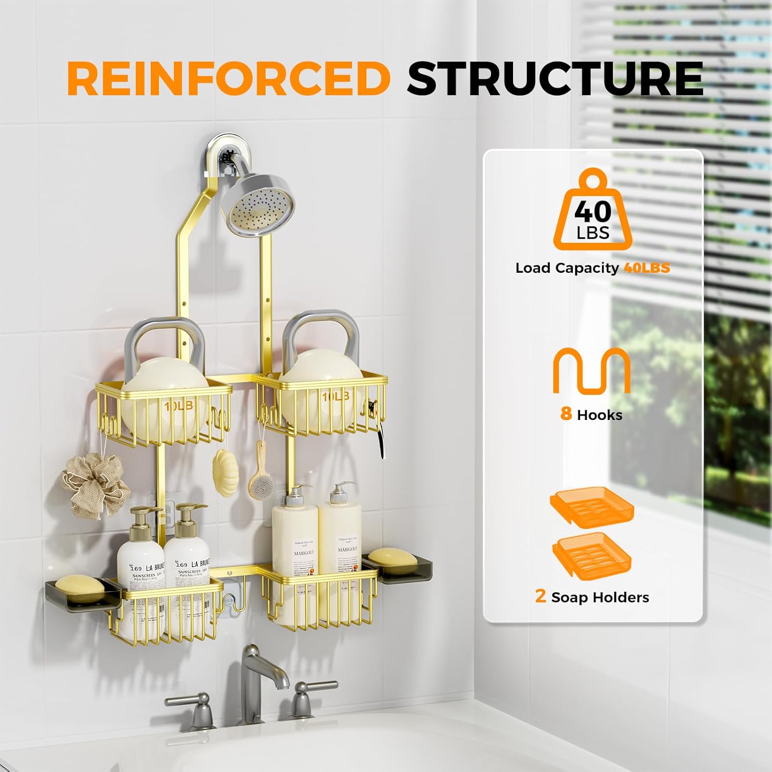 REINHARDT Aluminum Shower Caddy Hanging Adjustable Shower Caddy, Rustproof Hanging Shower Organizer with Hooks Soap Holders, Over Shower Head Caddy for Handheld Showerhead, Gold