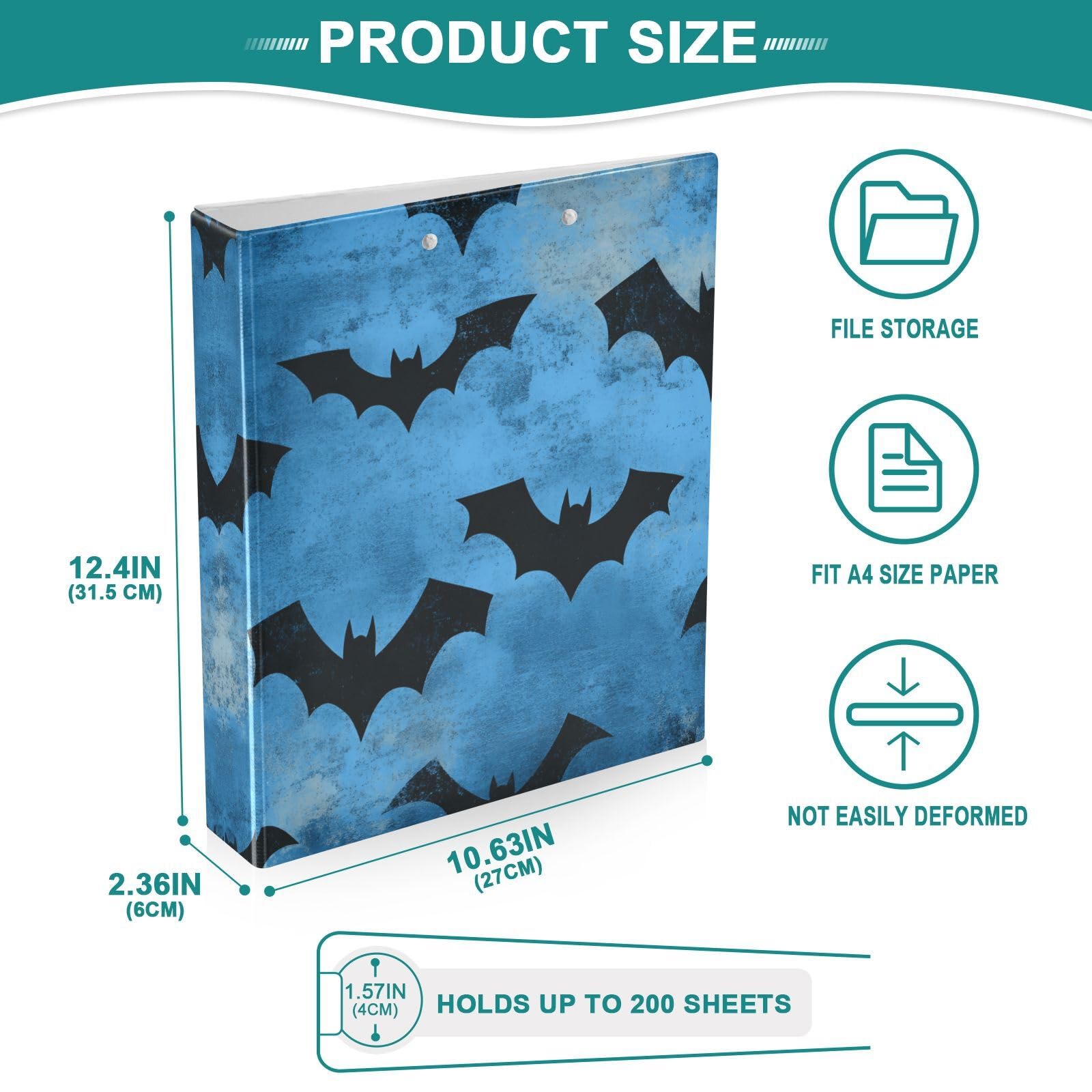 Confezione da 2 raccoglitori a 3 anelli, motivo pipistrelli di Halloween, 3,8 cm, con 3 tasche trasparenti, portablocco e contiene 200 fogli, per ufficio, scuola, organizzazione domestica