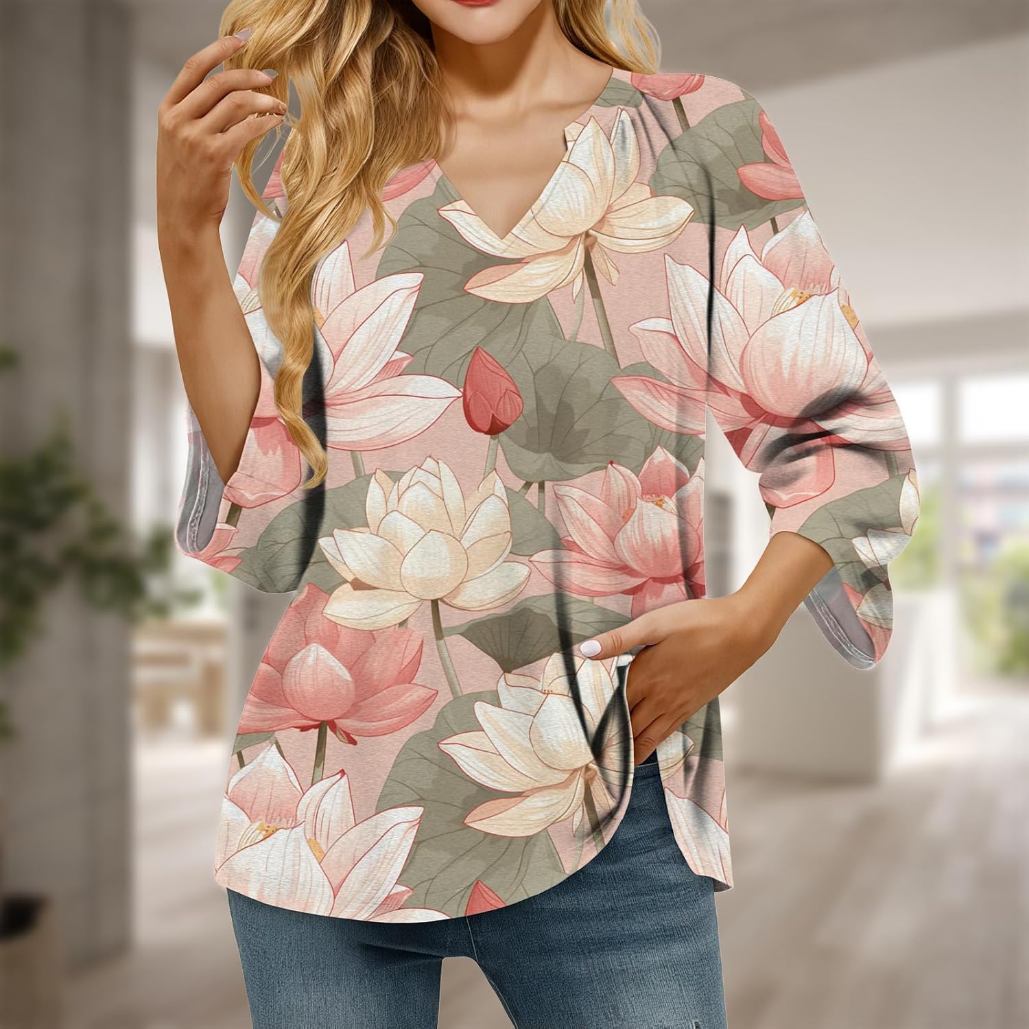 MARSVOVO Casual Tunic Tops for Women Loose Dressy 3/4 Sleeve V Neck Boho Shirts Travel Office Summer Top - Image 2