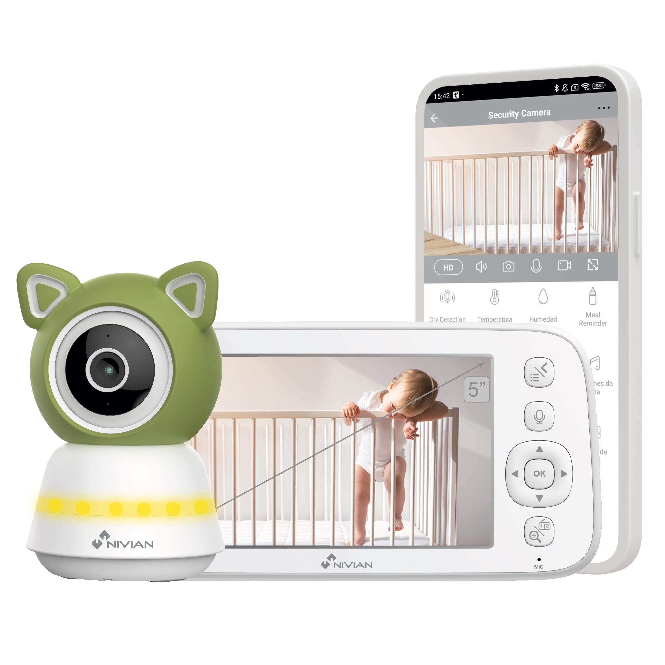 NIVIAN Telecamera baby monitor 5" Wi-Fi PTZ rilevamento pianto 1080p
