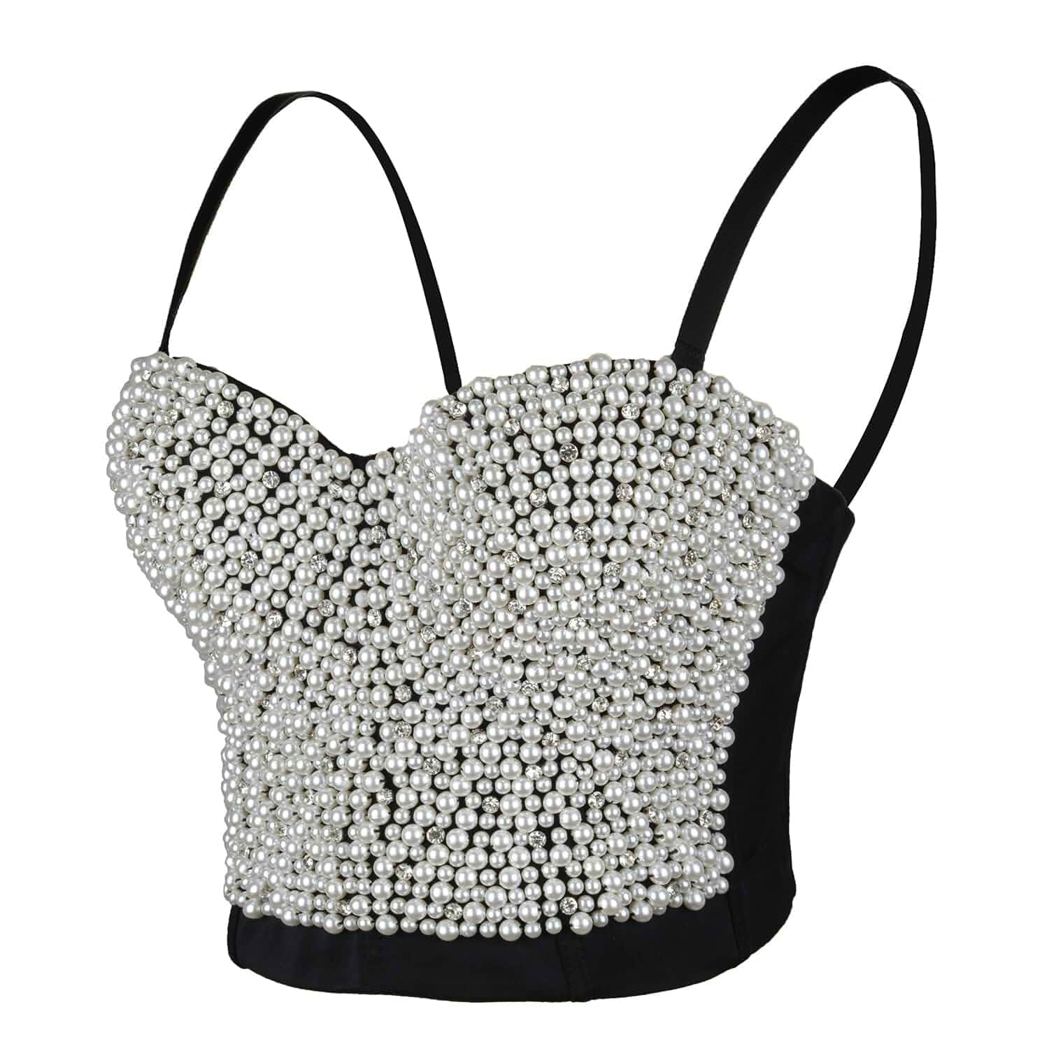ELLACCI Sexy Pearls Beaded Rhinestone Bustier Crop Top Push up Corset Top with Detachable Straps