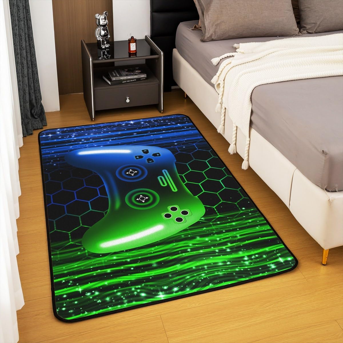 Erosebridal Gaming Area Rug 5x7 for Boys Girls Ombre Game Console Living Room Rugs for Kids Teens Bedroom Neon Lights Blue and Green Gamer Carpet Geometric Stripes Hexagon Indoor Floor Mat