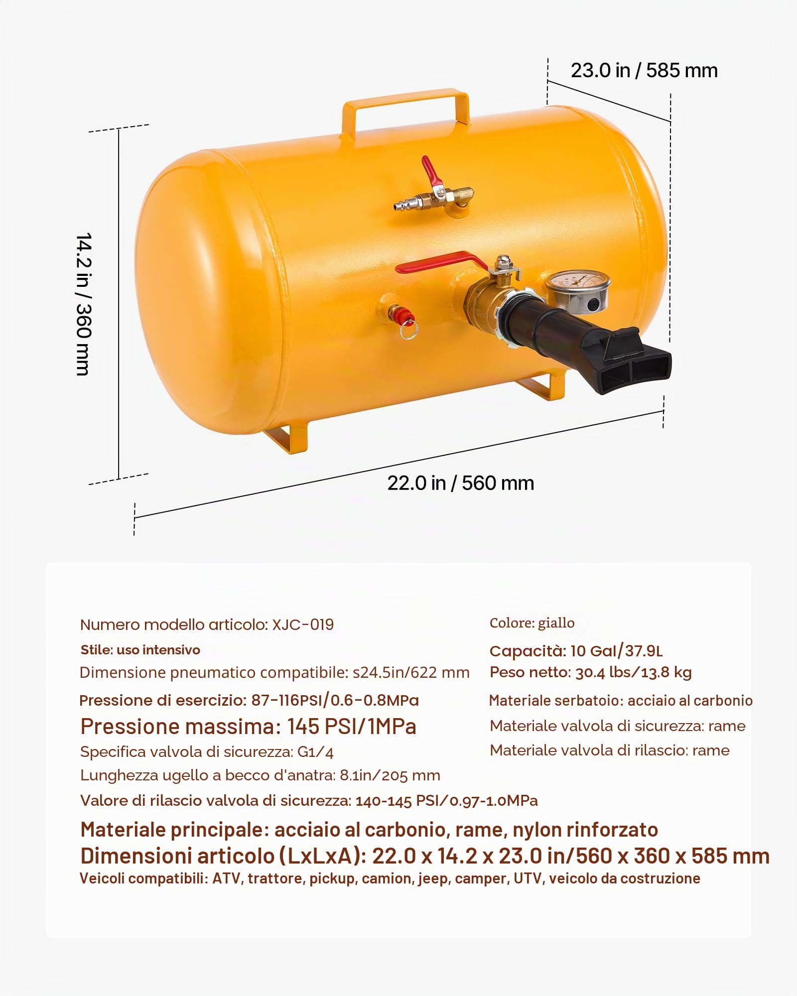 VEVOR Strumento per Rimozione dei Talloni dei Pneumatici per Impieghi Gravosi, Pressione 0,6 a 0,8 MP, 37,9 L, Gonfiatore ad Aria Compressa per ATV, Trattori, Pick-Up, Camion, Jeep, Giallo