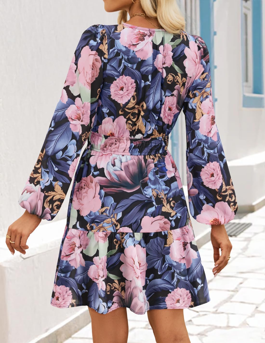 ZESICA Womens Spring Long Sleeve Floral Mini Dress 2026 Summer Boho V Neck A-Line Flowy Dresses Beach Vacation Clothes - Image 3