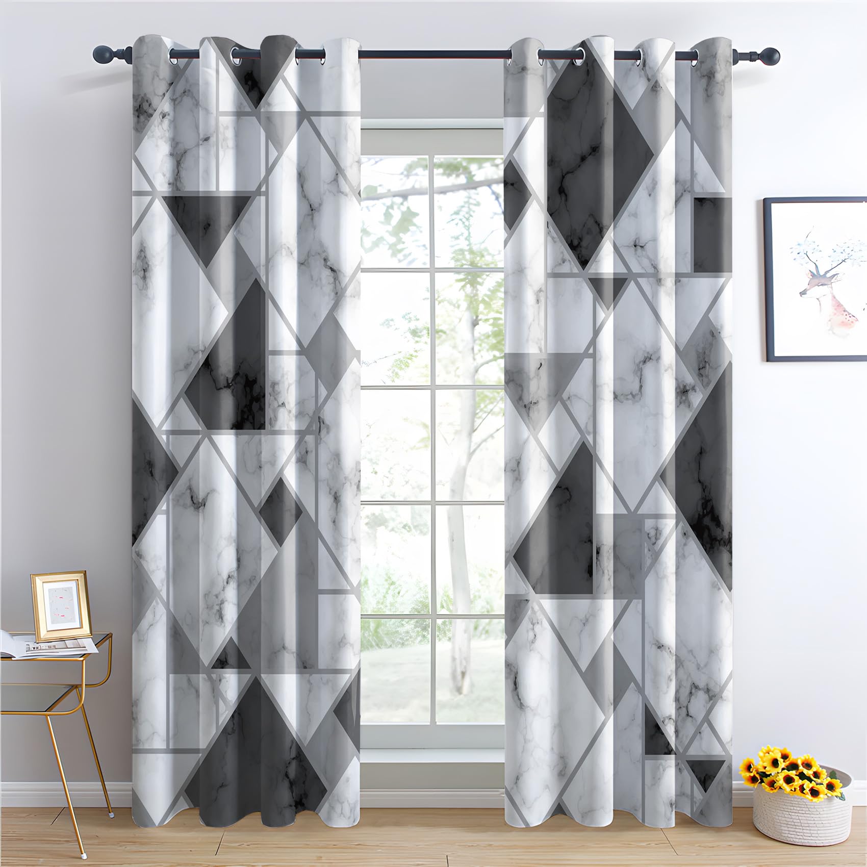 Rideau Occultant Marbre, Rideaux Thermiques à Oeillets pour Chambre, Motif Noir Blanc Et Gris Rideaux Salon, Moderne Lot de 2 Décoration de Fenêtre Rideaux 140x260cm LxH (GR-&223)