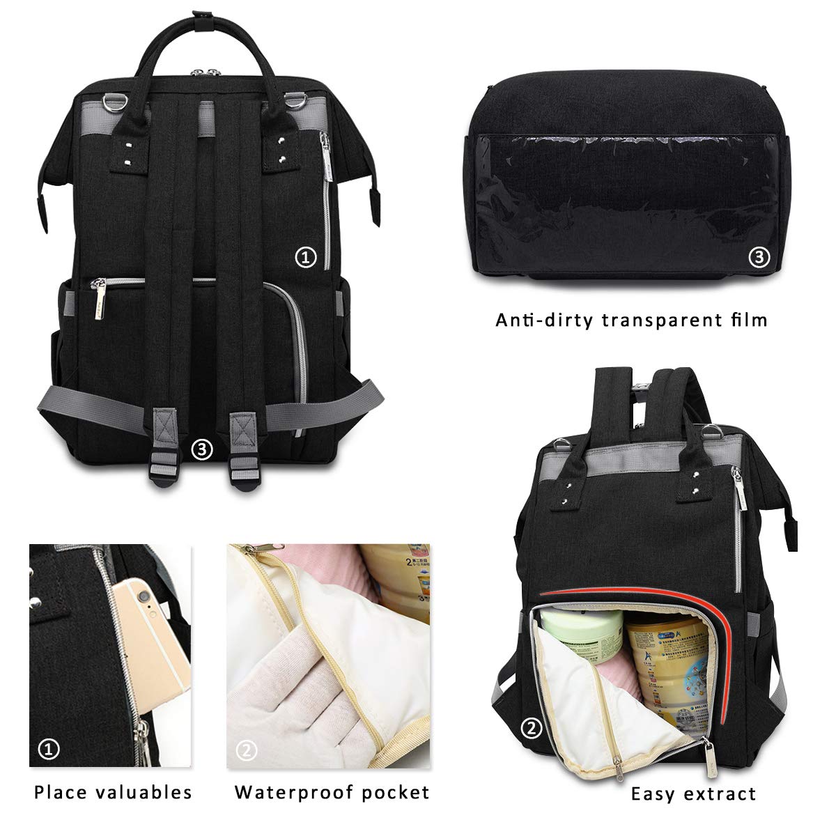 SONARIN Multifunzione Zaino Fasciatoio Bambino per Pannolini con Fascia per Passeggino,Grande Capacità,Organizer per Zaino da Viaggio,Impermeabile,Elegante e Resistente,Ideale Regalo(Nero)