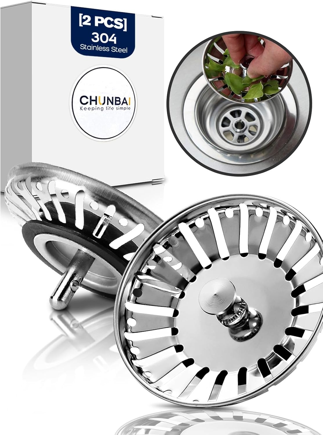 CHUNBAI Kitchen Sink Plug, Set of 2 84mm Stainless Steel for Quick