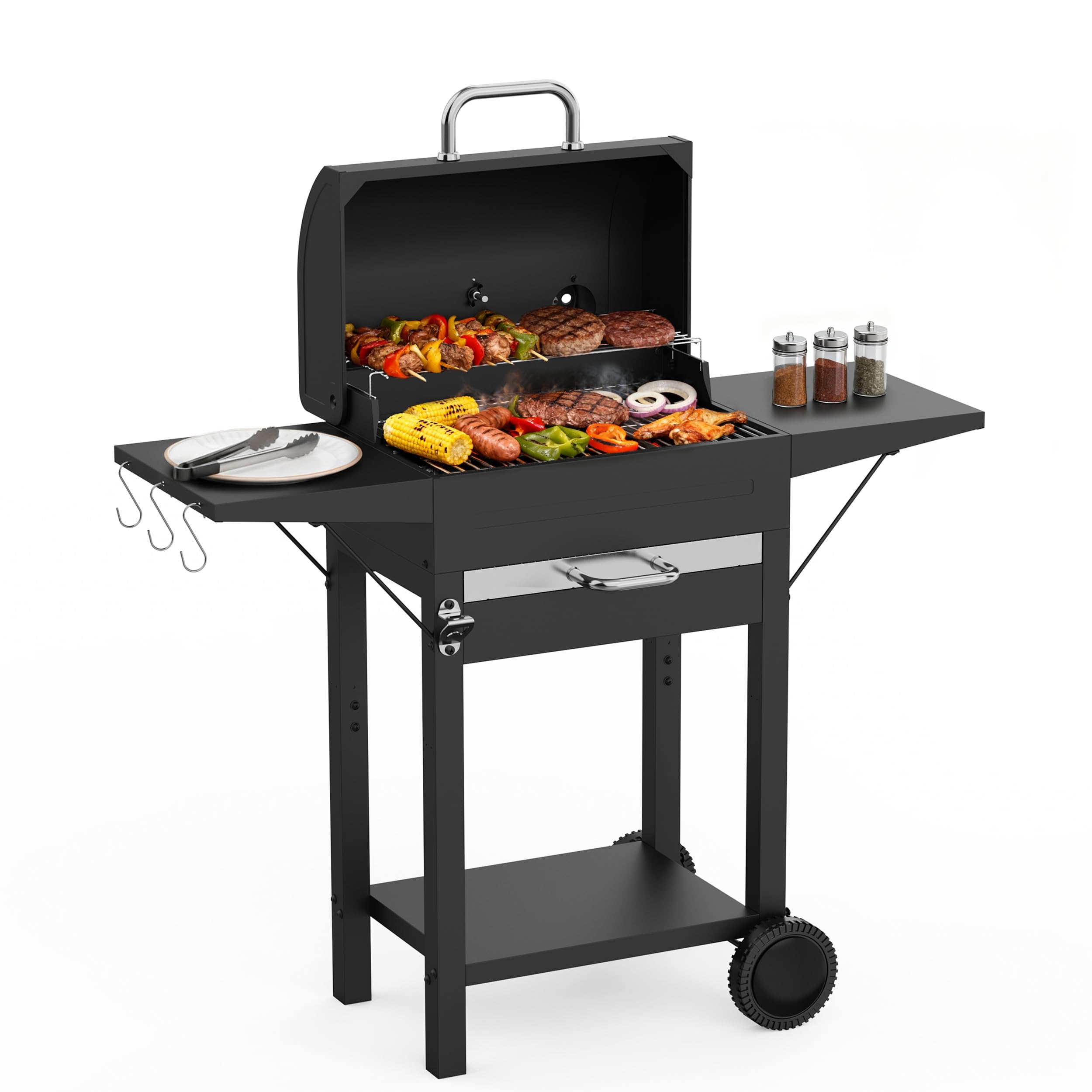 Holzkohlegrill mit Deckel XL BBQ Smoker Grillwagen inkl. Thermometer verstellbarem Rost Robuster Standgrill für Garten, Terrasse, Camping Komplettset mit Abdeckhaube Ascheschublade