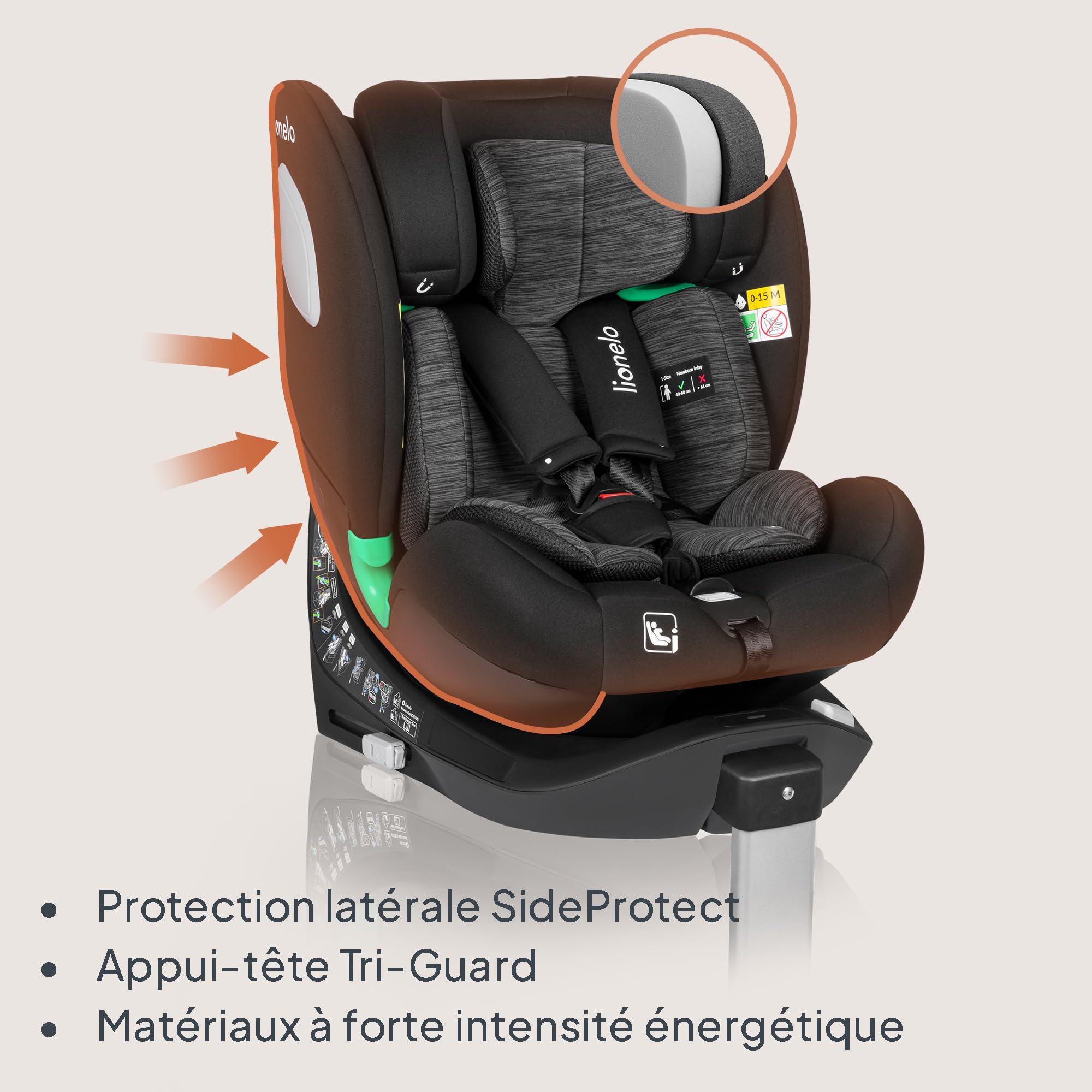 LIONELO Braam siege auto de 0 à 36 kg, jambe de force et Isofix ou ceintures de sécurité de voiture, rotation à 360 degrés face à la route ou dos à la route (Carbone Noir, BRAAM)