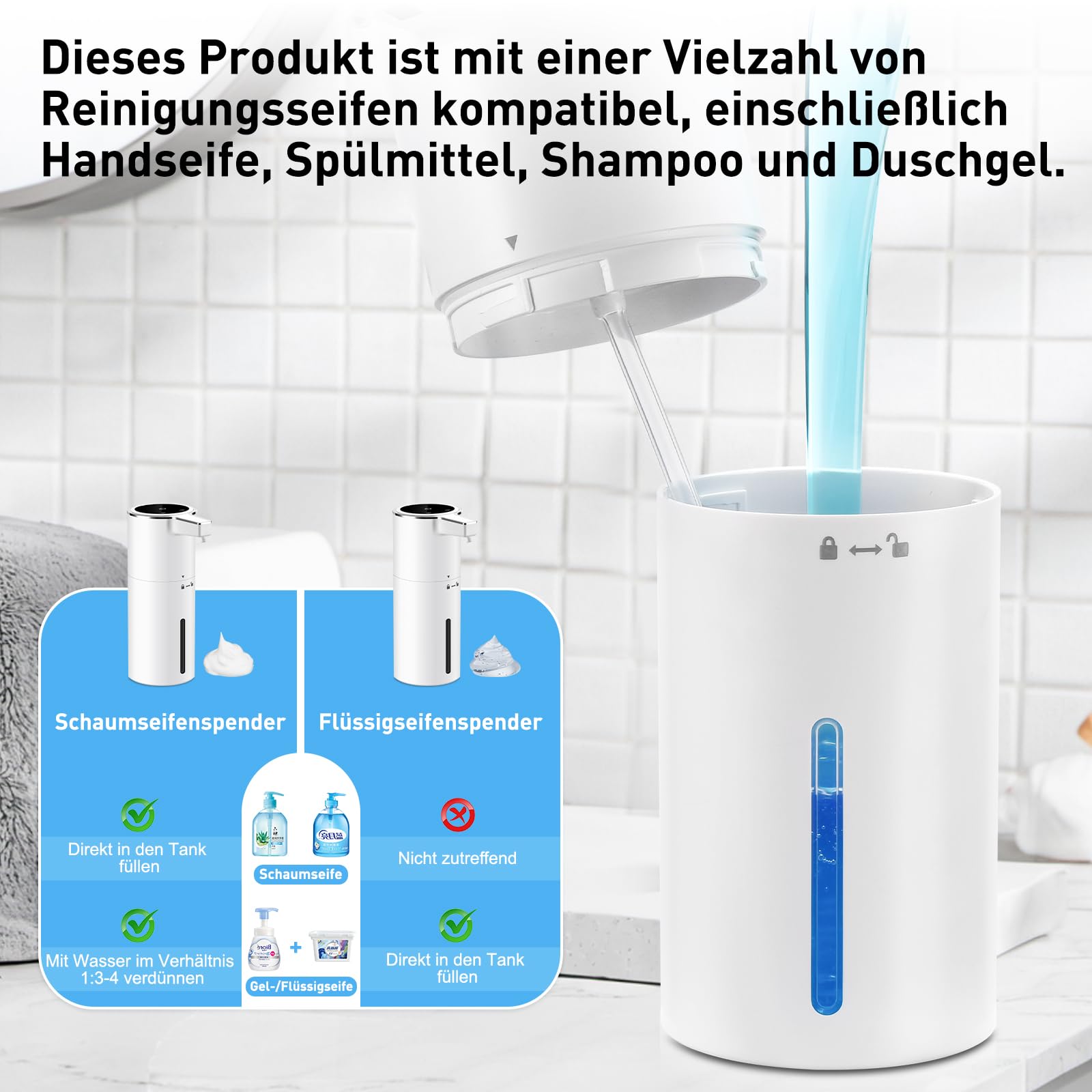 Seifenspender Automatisch,Wandbefestigung Berührungslos 400ml Elektrischer Seifenspender mit Sensor,USB Wiederaufladbar 1800-mAh-Akku für Bad,Küche,Büro (Flüssigkeit,Weiß)