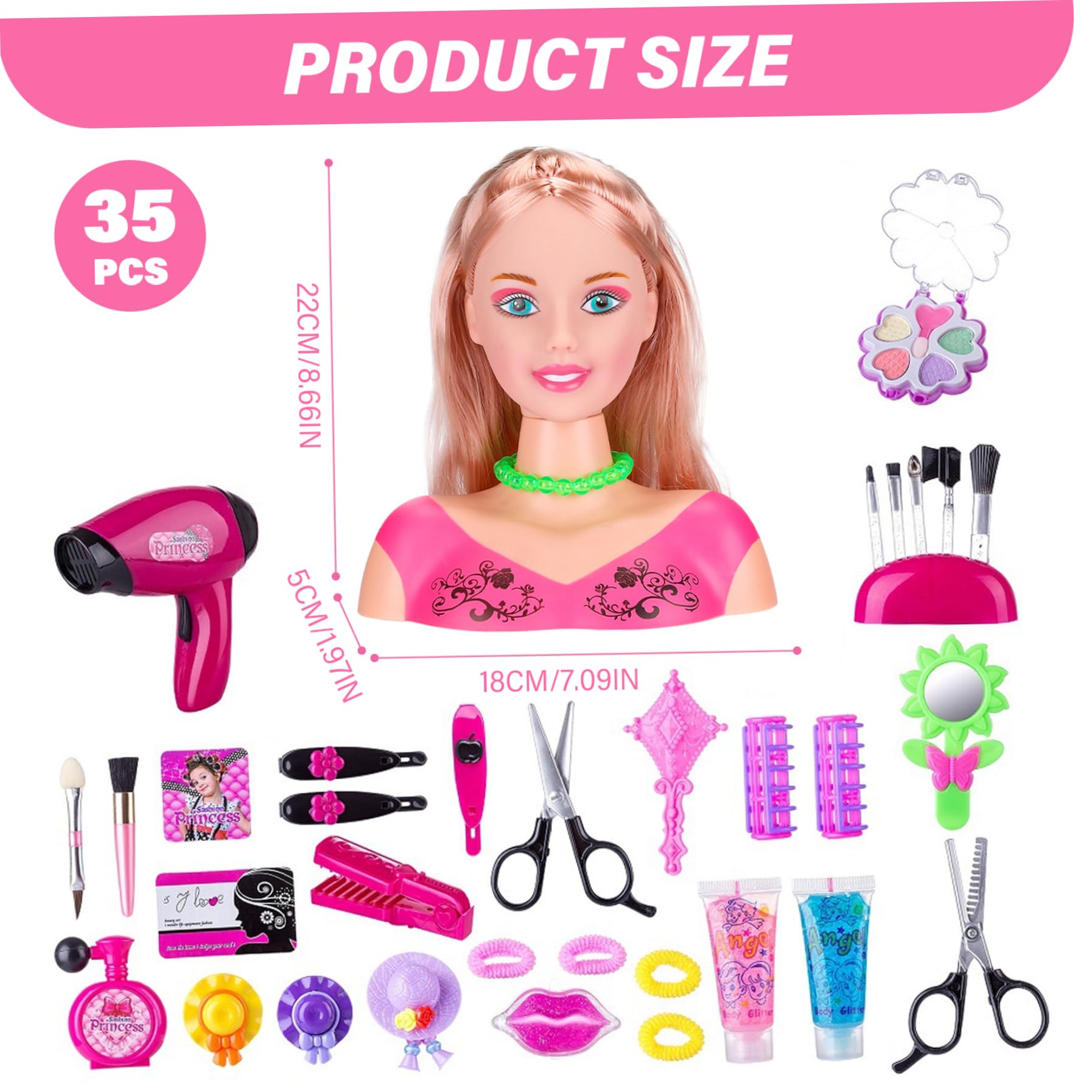 Jorzer Cabeza de muñeca para Peinado, 35 Piezas/Set Simulated Styling Head Doll para niños con secador de Cabello con batería Imaginativo y Maquillaje Aprendizaje Fewend Play Toys for Girls, Style 2.