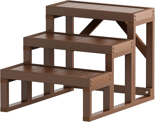 Three Step Hot Tub Steps,Wood Looking Wood-Plastic Steps, Non Slip, Heavy Duty Stable Outdoor Spa Steps, Waterproof Steps,Hot Tub Stairs Fit for Hot Tub,Pool Any Shape and Size (Redwood Brown)