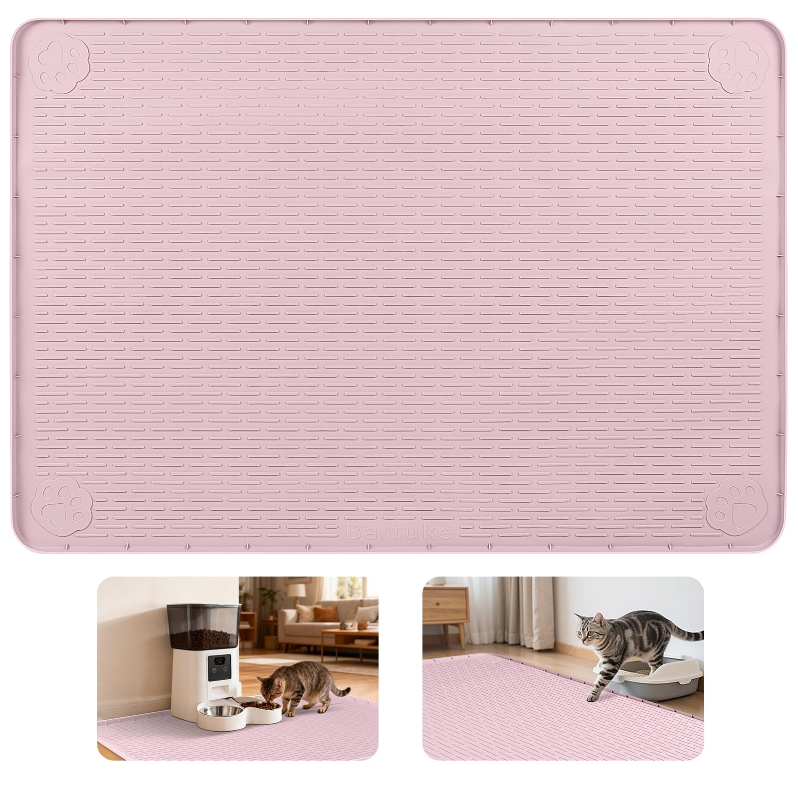 Bartuke Cat Food Mat, 40" x 28" Extra Large Silicone Pet Feeding Mat with Raised Edge Pet Placemat for Food and Water Bowl Non-Slip, Easy to Clean, Floor Protection (Pink) โ image 1