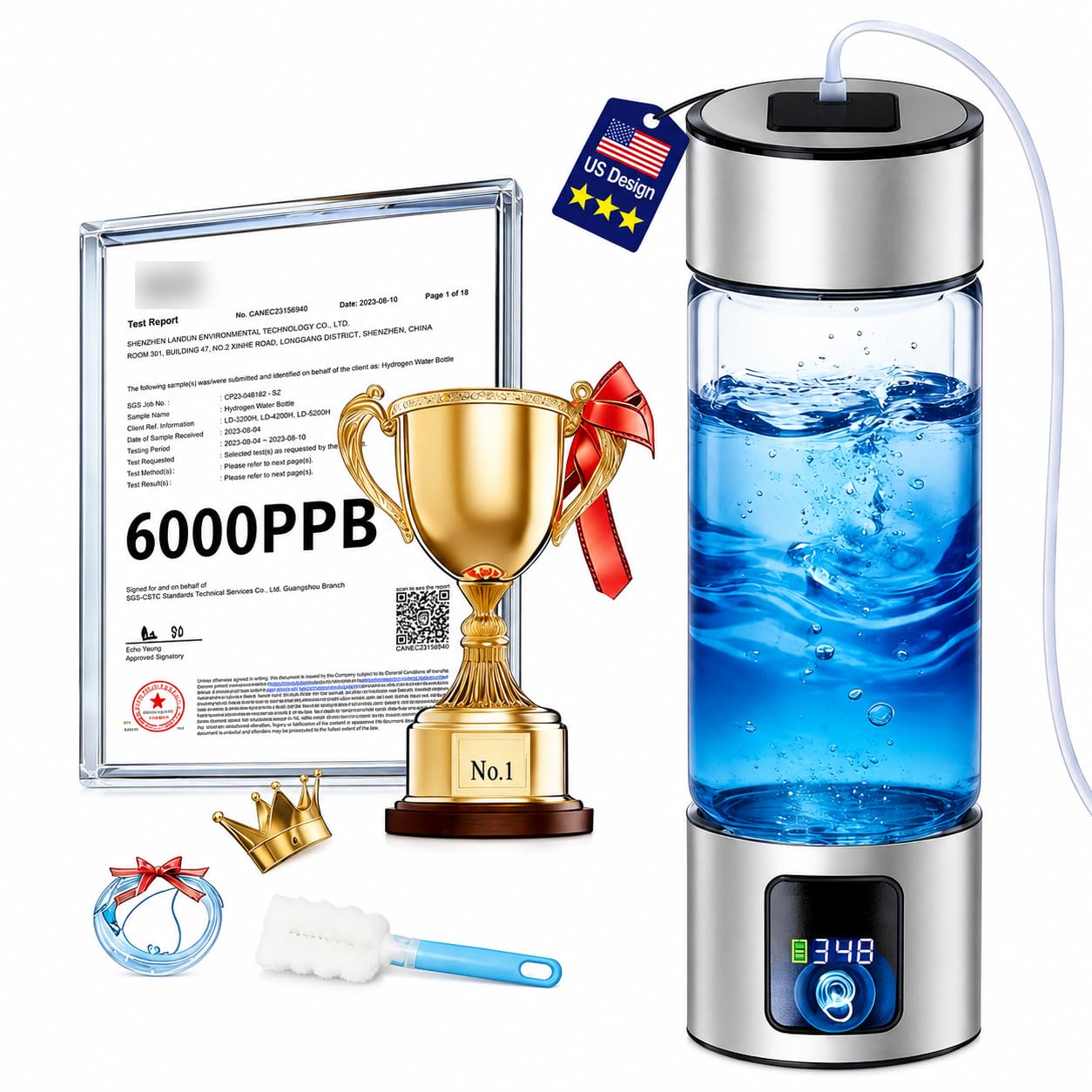 Hydrogen Water Bottle Generator with LED Screen, Portable Rechargeable Hydrogen Water Bottle 460ml with Advanced SPE PEM Technology 6000+ PPB, Ionizer Machine for Home/Office/Travel