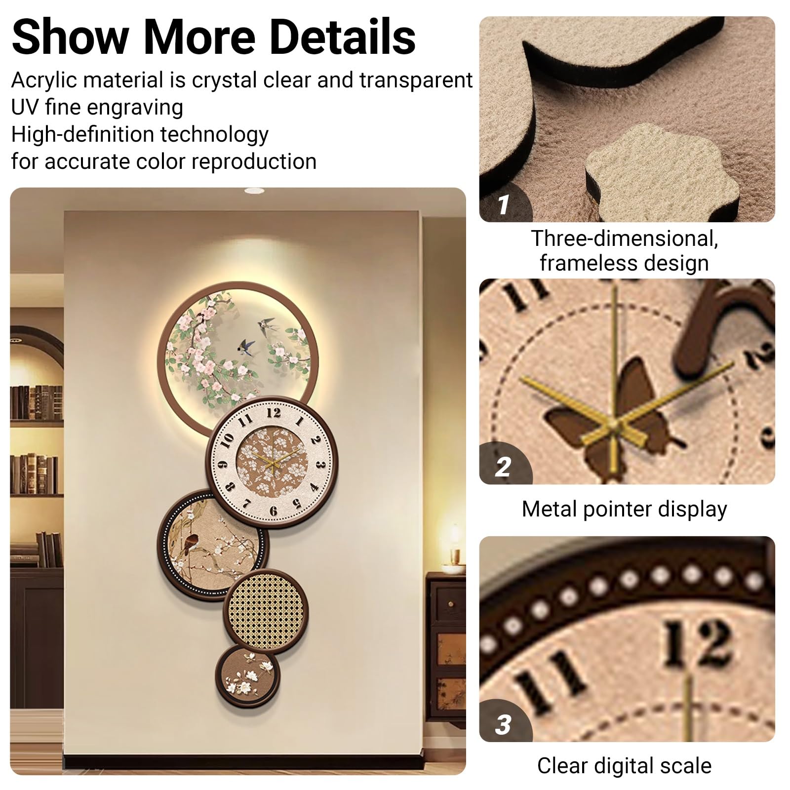 Grande orologio da parete silenzioso con pendolo, orologio decorativo 3D con luci a LED, decorazione artistica da parete in porcellana di cristallo per soggiorno e ingresso, 32 x 80 cm