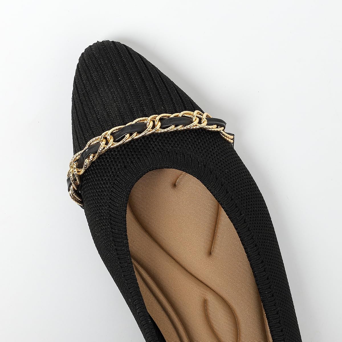 All-Day Comfort Knit Flats for Women - Pointed Toe Ballet Shoes with Metallic Chain Detail & Arch Support | Dressy & Casual Slip-On for Work, Office - Image 7