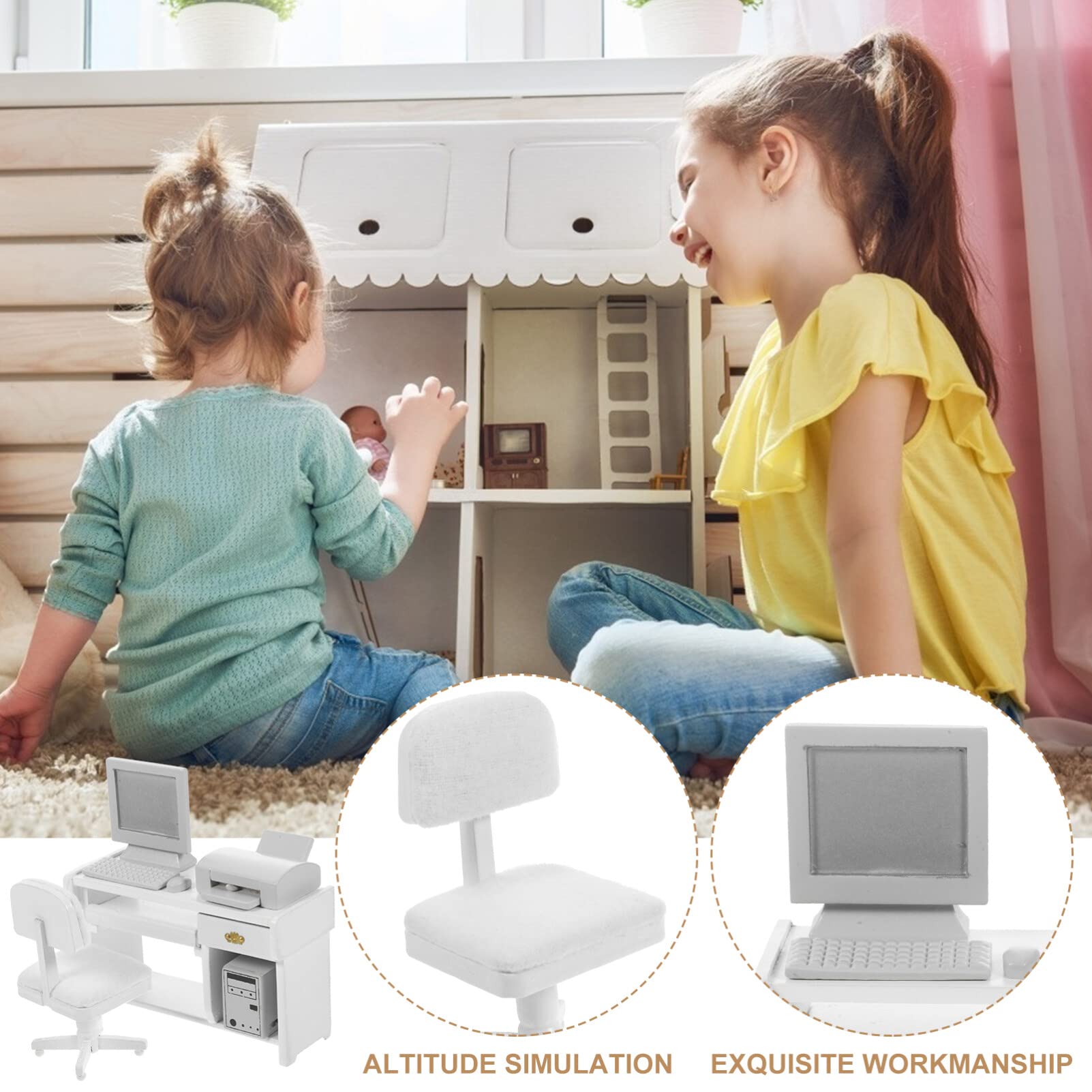 TOYANDONA 1 Set in Legno Computer Stampante Decorazioni Accessori Scrivania in Miniatura Modello Mini Scrivania Scrivania Scrivania Giocattoli Miniatura Mobili da Ufficio Bianco