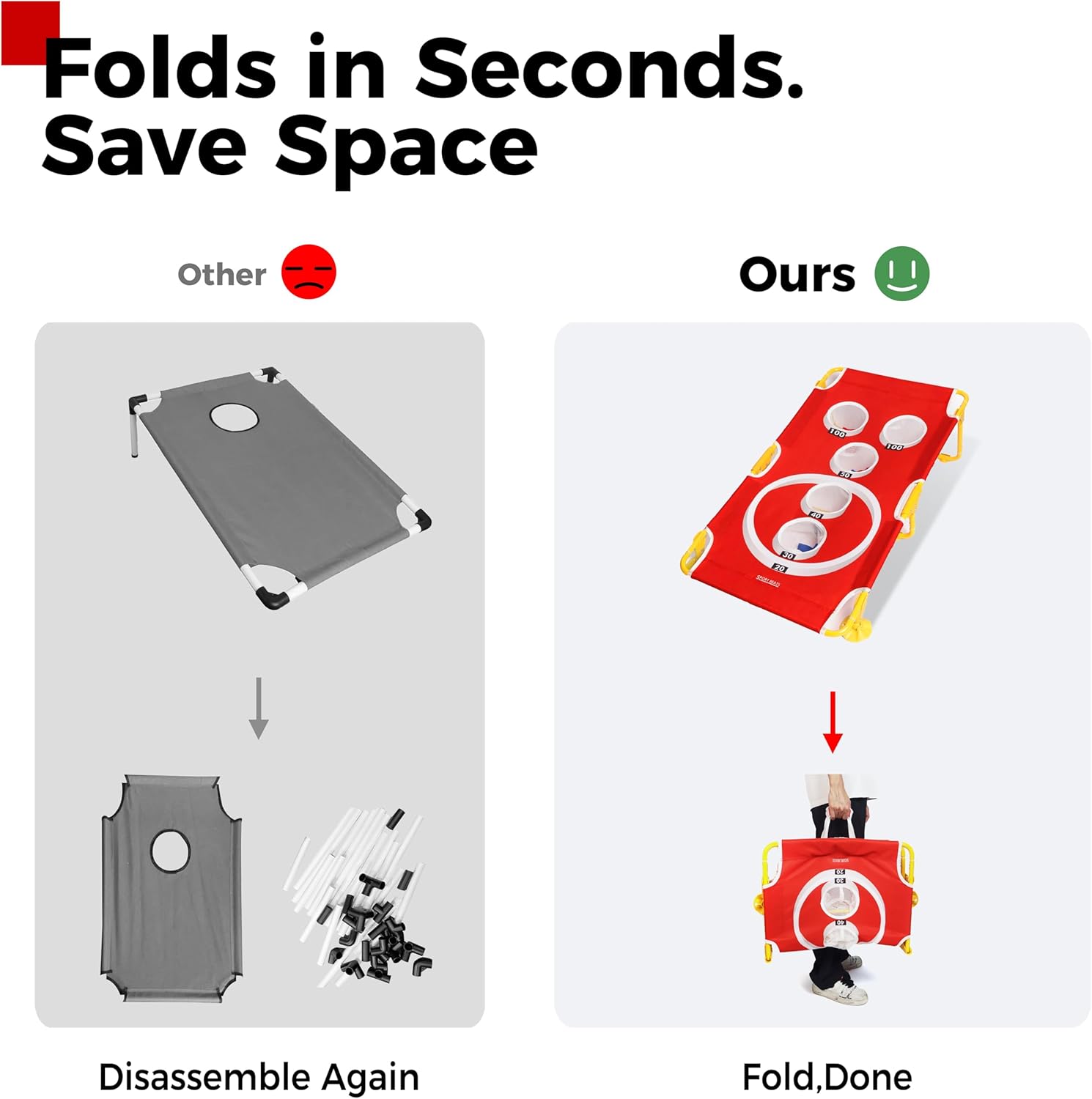 Foldable Arcade Style Cornhole Board Game Set with 8 Bean Bags & Scorecard with 8 Games – Portable 5-Hole Toss Target for Indoor/Outdoor Fun - Choose Your Size