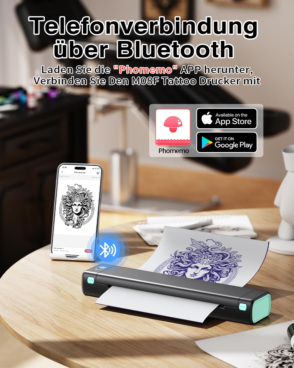Phomemo M08F Thermocopieur Tatouage, Imprimante Stencil Tatouage pour Débutants et Artistes de Tatouage, Unités de Développement Compatible avec iOS et Android, avec 10 Feuilles de Papier