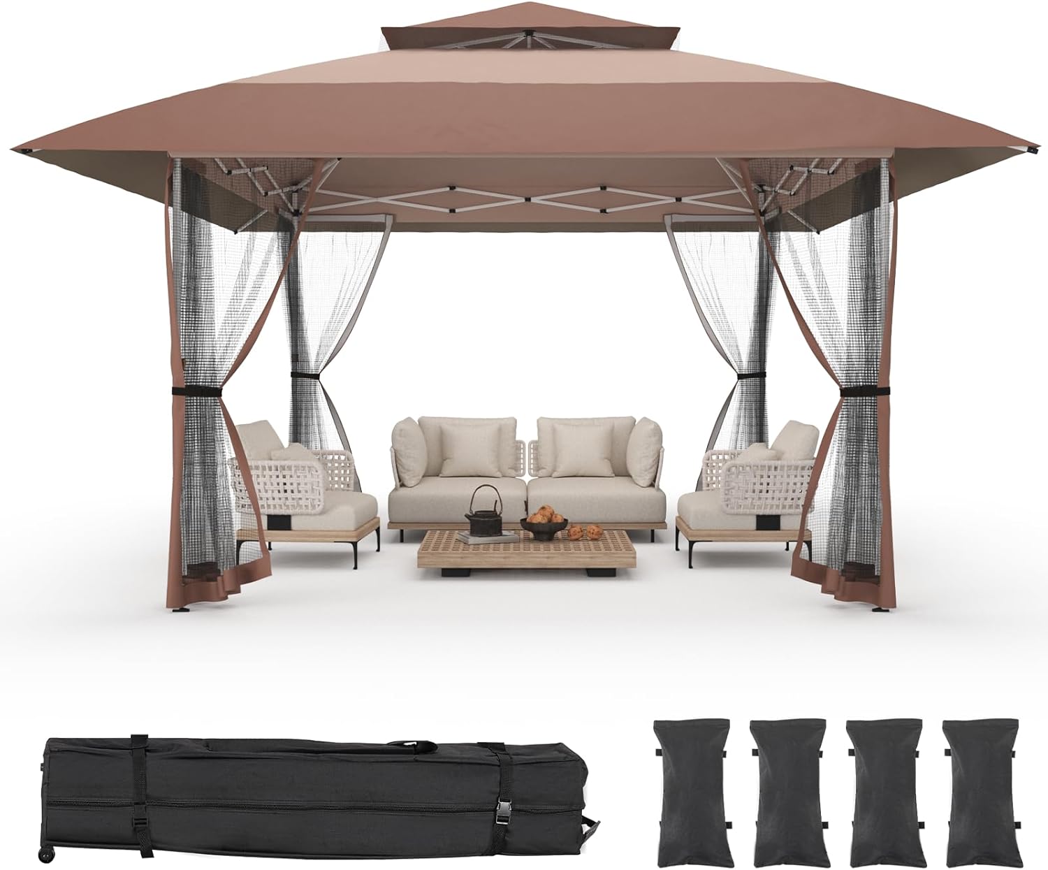 13x13 Pop Up Gazebo Outdoor Canopy Shelter with 4 Sandbags, Instant Patio Gazebo Sun Shade Canopy Tent, Double Tiers & Mesh Netting for Lawn, Garden, Backyard & Deck, Coffee