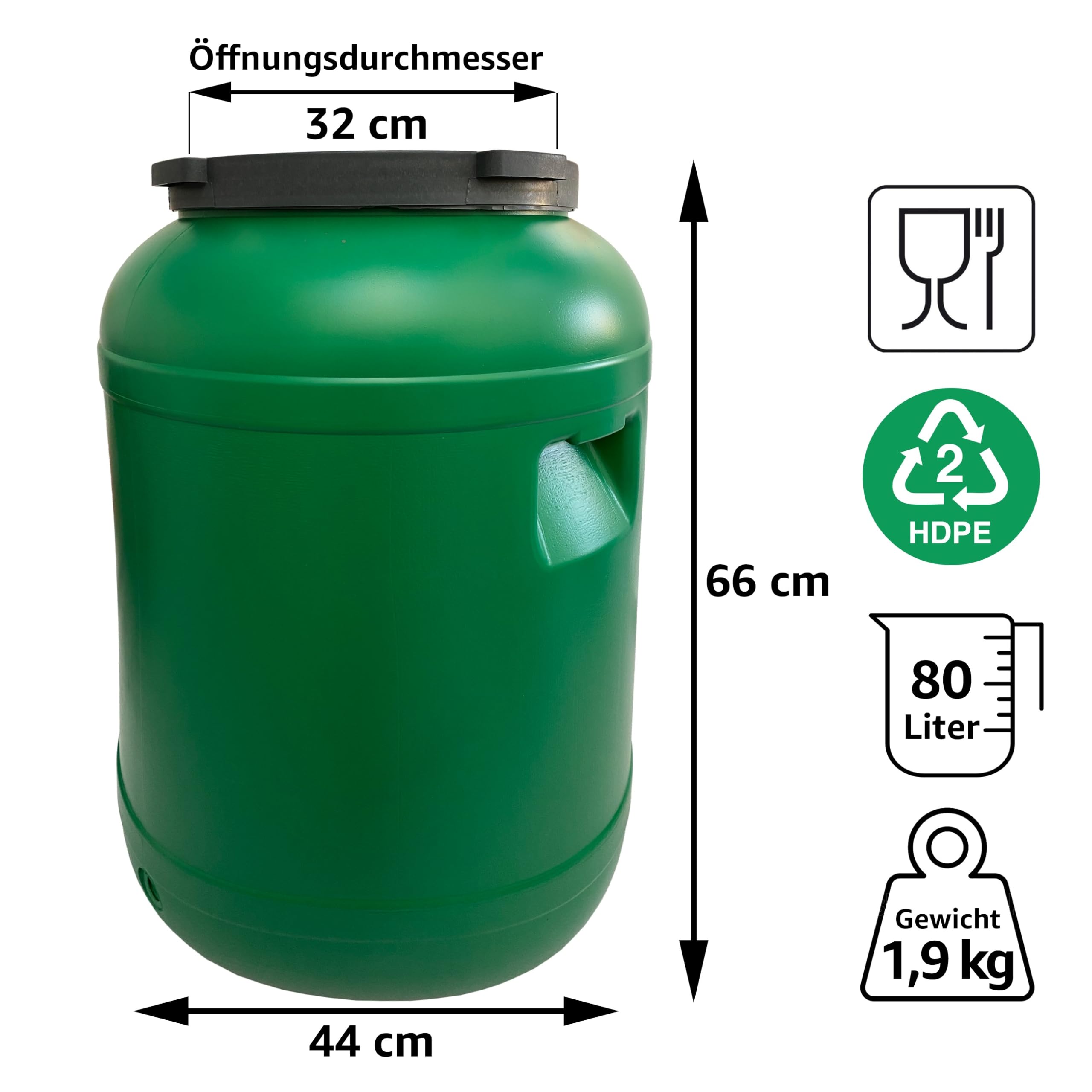 plasteo Fût à col large de 80 l avec couvercle de qualité alimentaire - Fût universel en polyéthylène haute densité avec bouchon à vis - Pour nourriture, stockage et transport - Vert - Rond