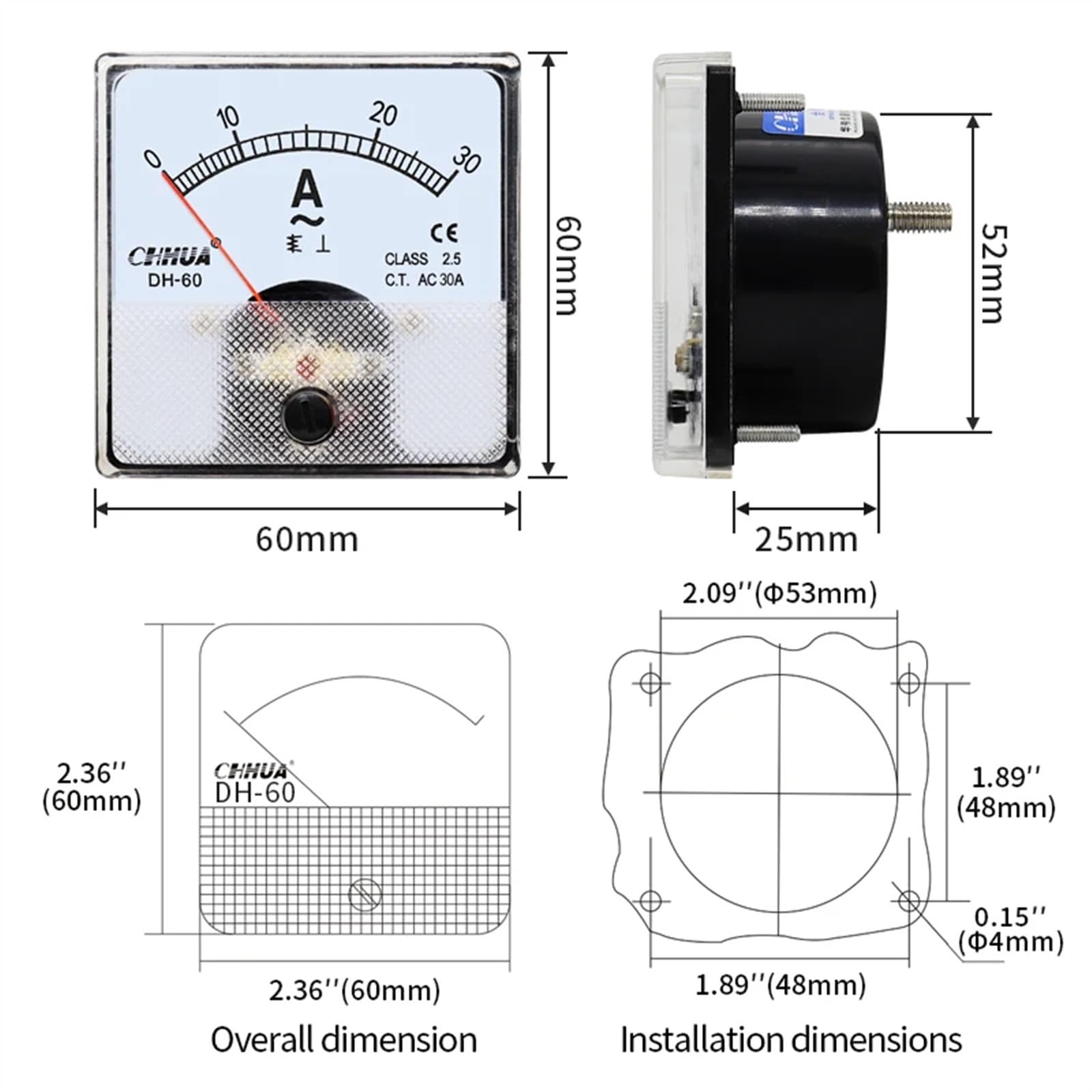 Ampèremètre analogique DH-60 AC, 1A 2A 3A 5A 10A 15A 20A 30A 50A 30/5 50/5 (Color : AC, Size : 15A_60X60MM)