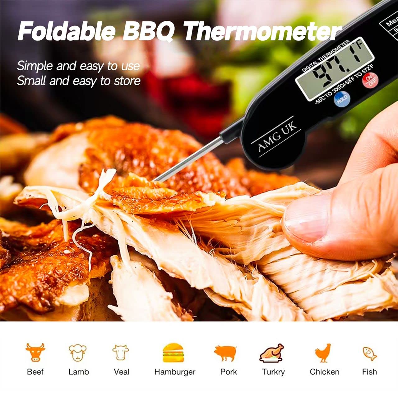 AMG UK® Best Digital Meat Thermometer, BBQ Meat Probe, Air Fryer Probe, Cooking Probe, Instant Read Display, Folding Kitchen Probe, Milk/Jam/Water, C°/F°, Auto On/Off, Magnetic 7 71T5AAY4IhL. SL1280
