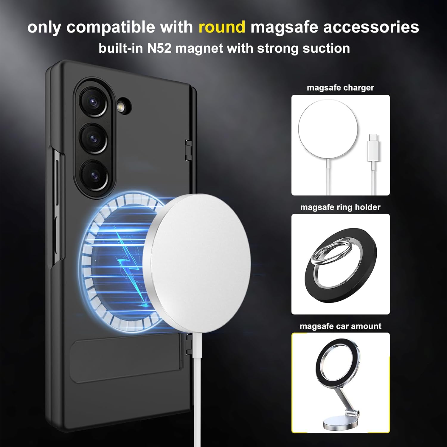 for Samsung Galaxy Z Fold 6 Case with Integrate Thinner Pen Holder, Built in Screen Protector, for Round Shape Magsafe Accessories, Adjustable Metal Stand, Magnetic 2024, Privacy