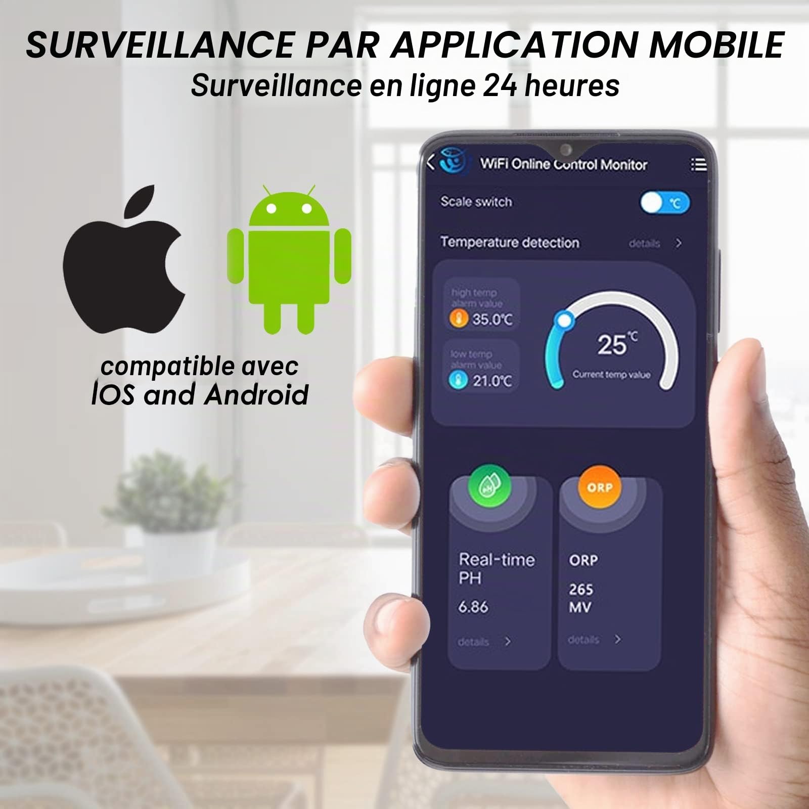 Contrôleur intelligent pH ORP avec surveillance et dosage à distance dans l'eau, sondes remplaçables 3 en 1 pH/ORP/Temp pour culture hydroponique, aquariums et piscine