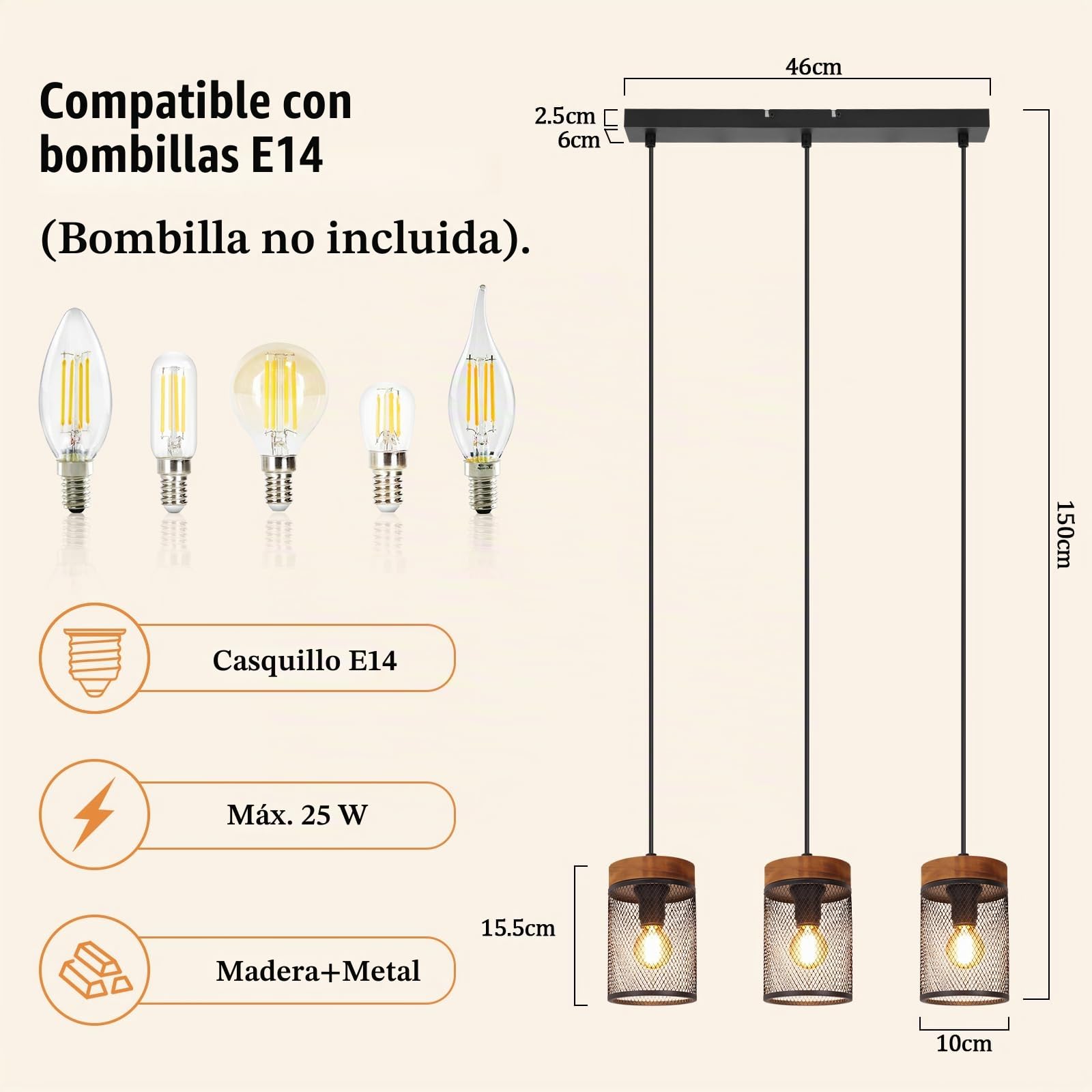 ZMH Lámpara colgante de comedor de madera negra lámpara colgante vintage | de 3 bombillas E14, estilo industrial, lámpara de comedor, lámpara colgante retro para salón - bombillas no incluidas