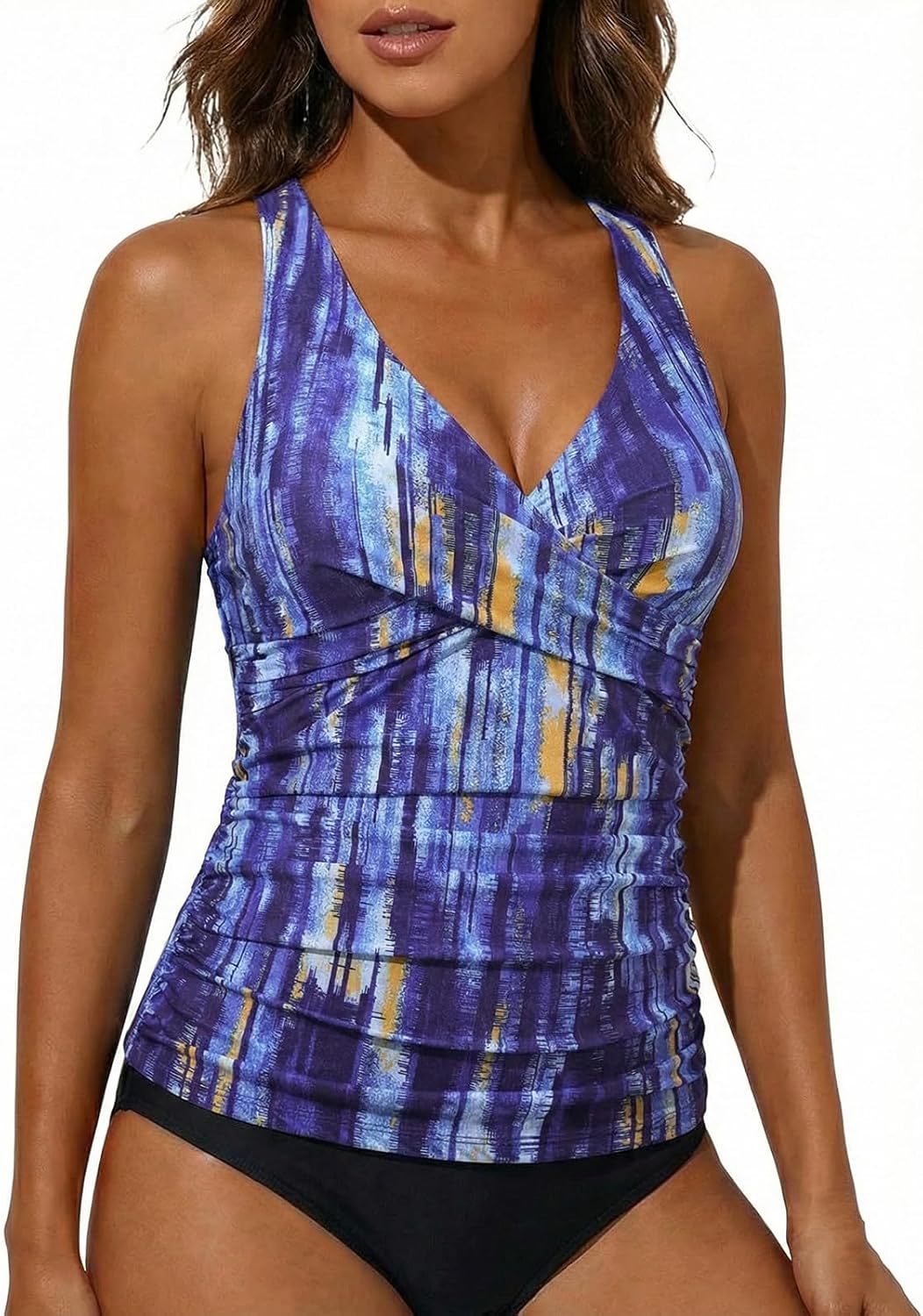Hilor Women's Underwire Tankini Top Tummy Control Bathing Suits Sexy V Neck Crossover Swim Top Only