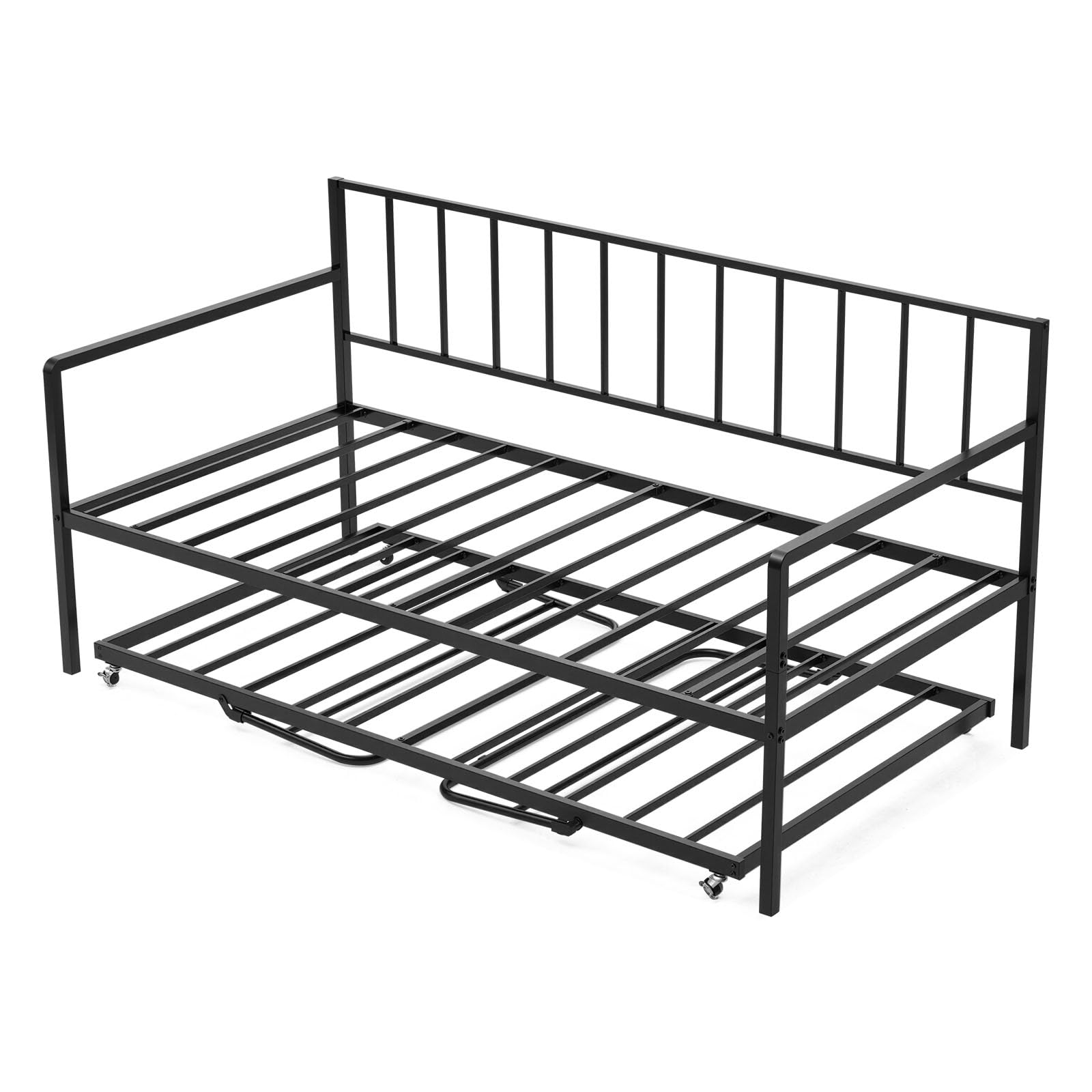 vevor twin size daybed frame, height adjustable day bed with trundle, heavy duty metal platform bed frame with led light and charging station, twin daybed with metal slats for living room, bedroom