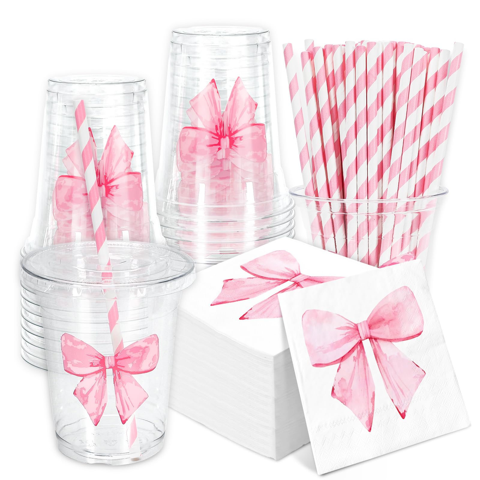 FYSUIMU 50 Set Pink Bow Tableware Set Watercolor Coquette Bowknot Paper Napkins Disposable Plastic Cups with Lids Straws for 50 Guests Valentines