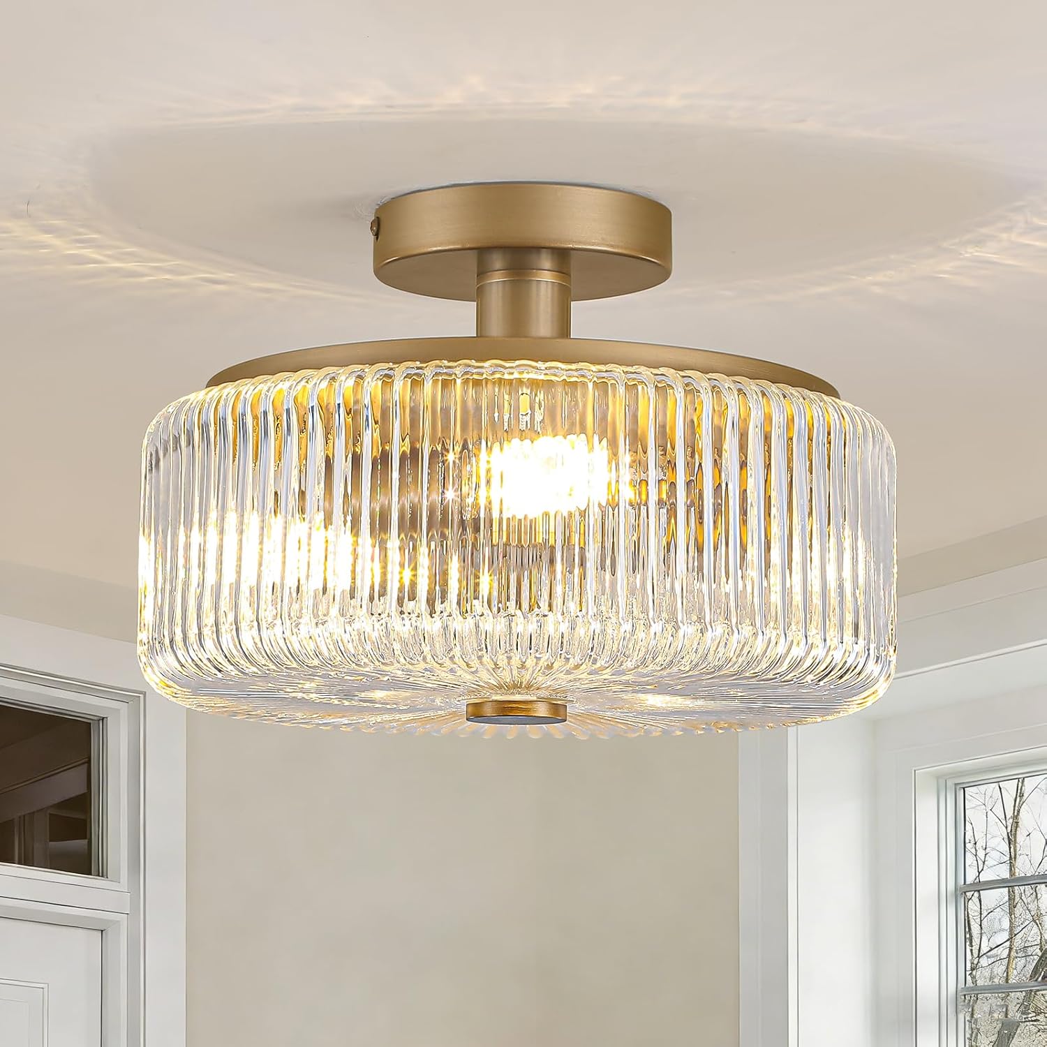 11.8 Inch Gold Semi Flush Mount Ceiling Light, 3-Light Hallway Light Fixture with Seeded Glass Shade, Mid-Century Modern Ceiling Light for Kitchen, Entryway, Foyer, Passage