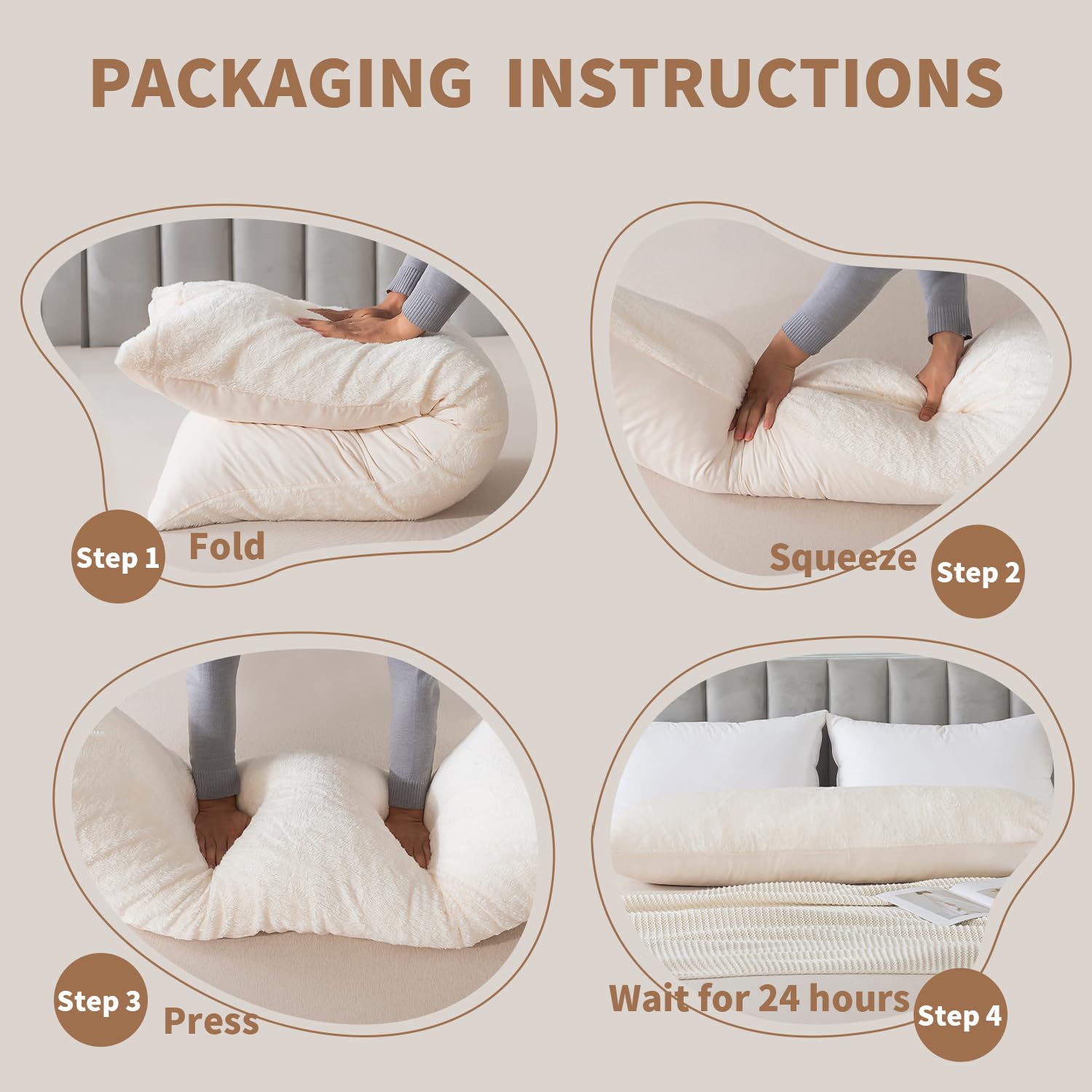 WhatsBedding Körperkissen mit zotteligem Kunstfell-Kissenbezug, langes flauschiges Plüsch-Pelz-Körperkissen, flauschiges Sherpa-Kissen für Erwachsene, Beige