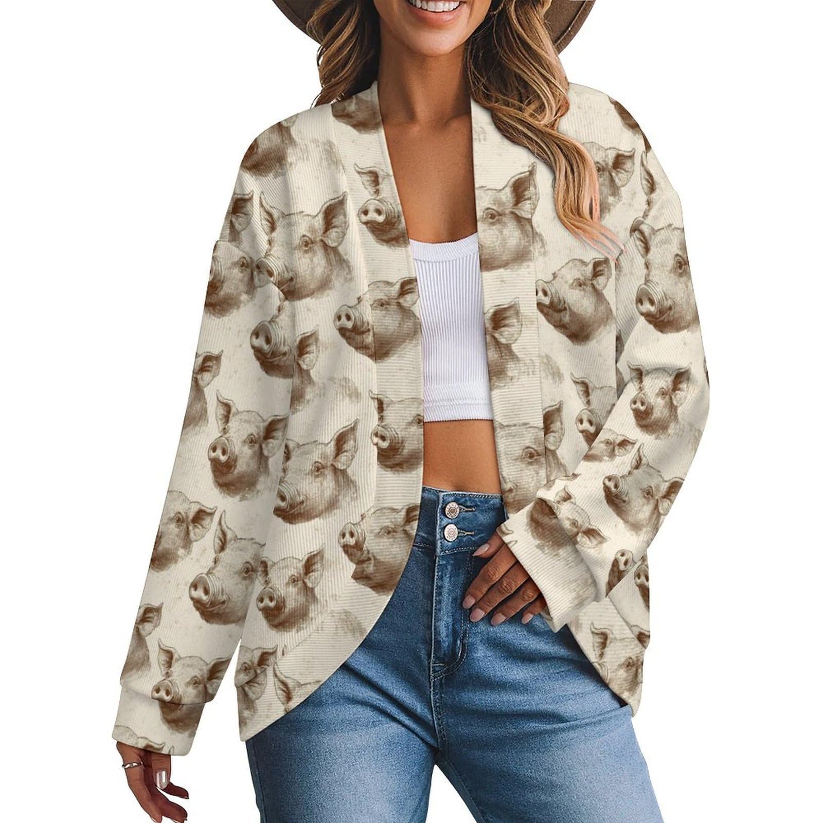 Fall Cardigan Sweaters for Women Trendy - Realistic Pig Print Ladies Cozy Shrugs Lightweight Cardigan