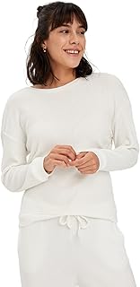 ديفاكتو بلوزة محبوكة للنساء بقصة مريحة ورقبة دائرية ضيقة واكمام طويلة بلون اكرو مقاس S