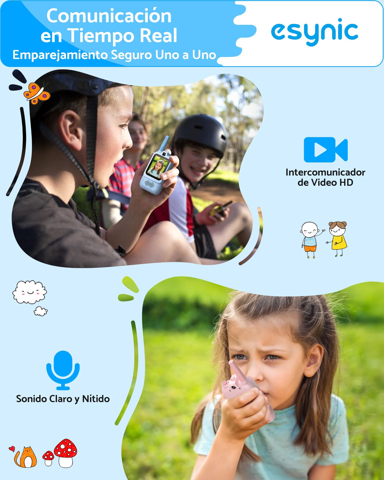 eSynic Walkie Talkies Niños con Cámara Doble Juguete Videollamada Intercomunicador Infantil Recargable Largo Alcance 500 Metros para Exploración Radios Bidireccionales Regalo Cumpleaños Azul Rosa