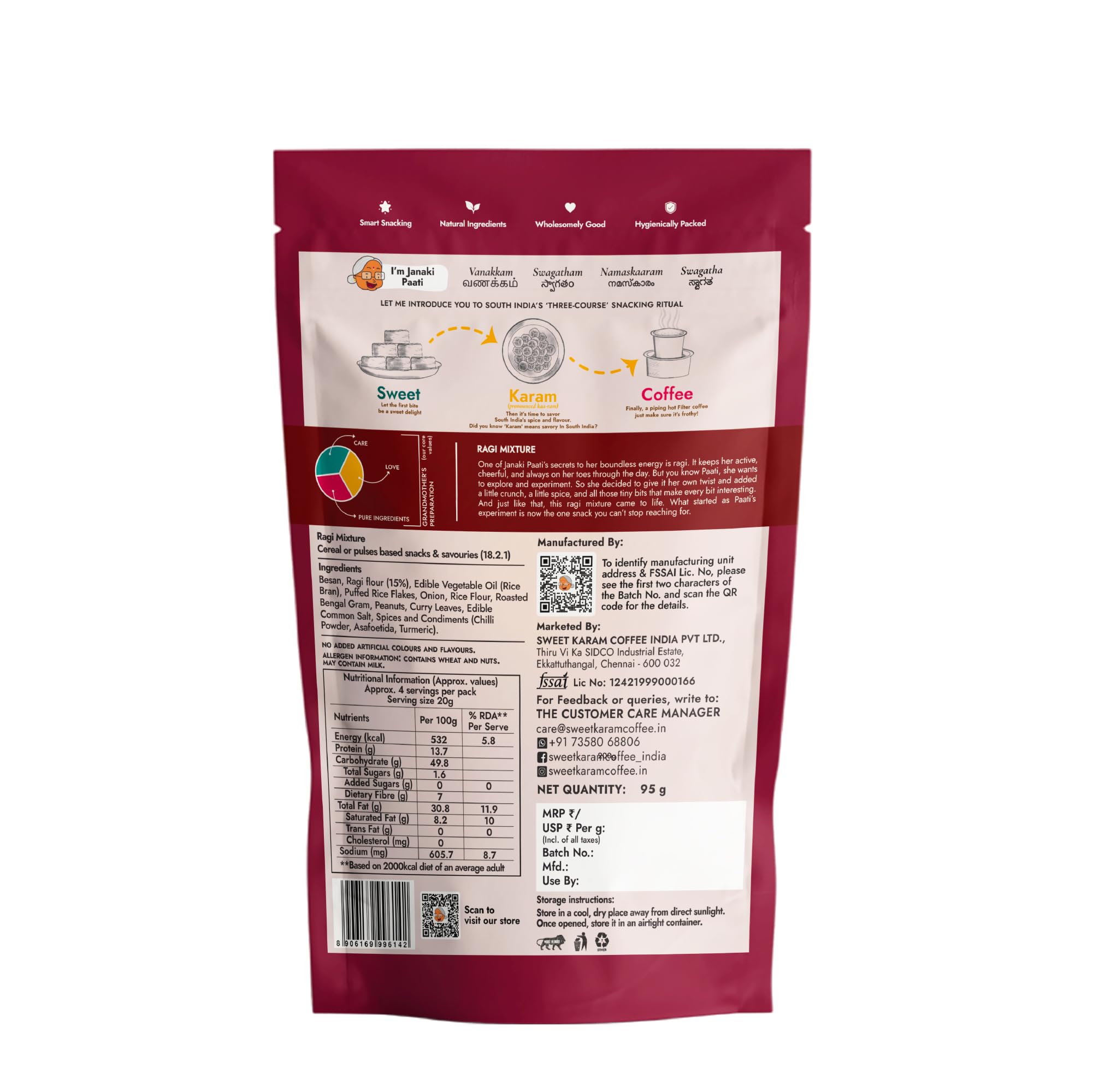Sweet Karam Coffee Ragi Mixture - 95g | No Palm Oil or Preservatives | Authentic South Indian Savory Snack | Crispy Tea-Time Namkeen | Healthy Millet Mixture